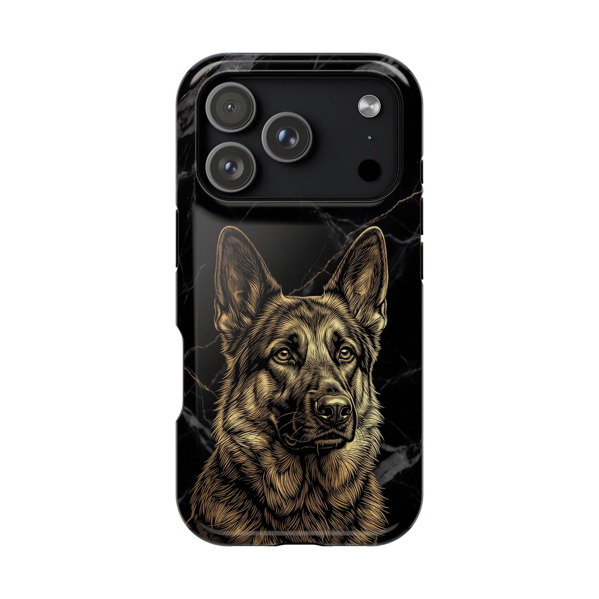 German Shepherd Phone Case | Black Marble Gold Sketch Art — Tough Magnetic Case with Wireless Charging