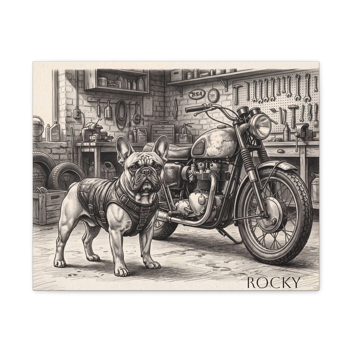 French Bulldog Motorcycle Garage Sketch Personalized Canvas | Vintage Biker Wall Art