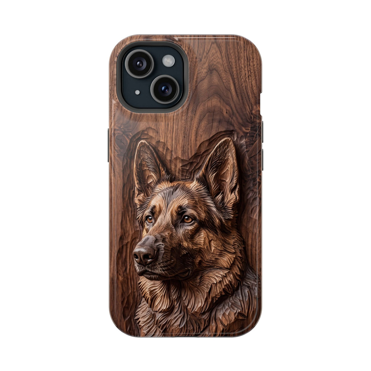 German Shepherd Phone Case | Carved Walnut Art — Tough Magnetic Case with Wireless Charging