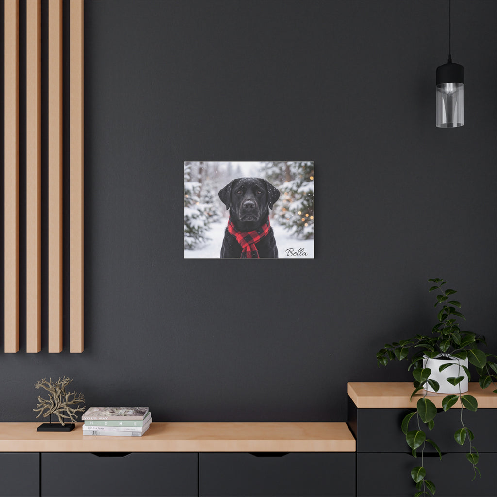 Black Labrador Personalized Canvas | Snowy Christmas Plaid Scarf Wall Art