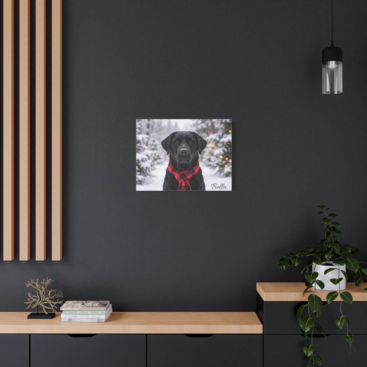 Black Labrador Personalized Canvas | Snowy Christmas Plaid Scarf Wall Art