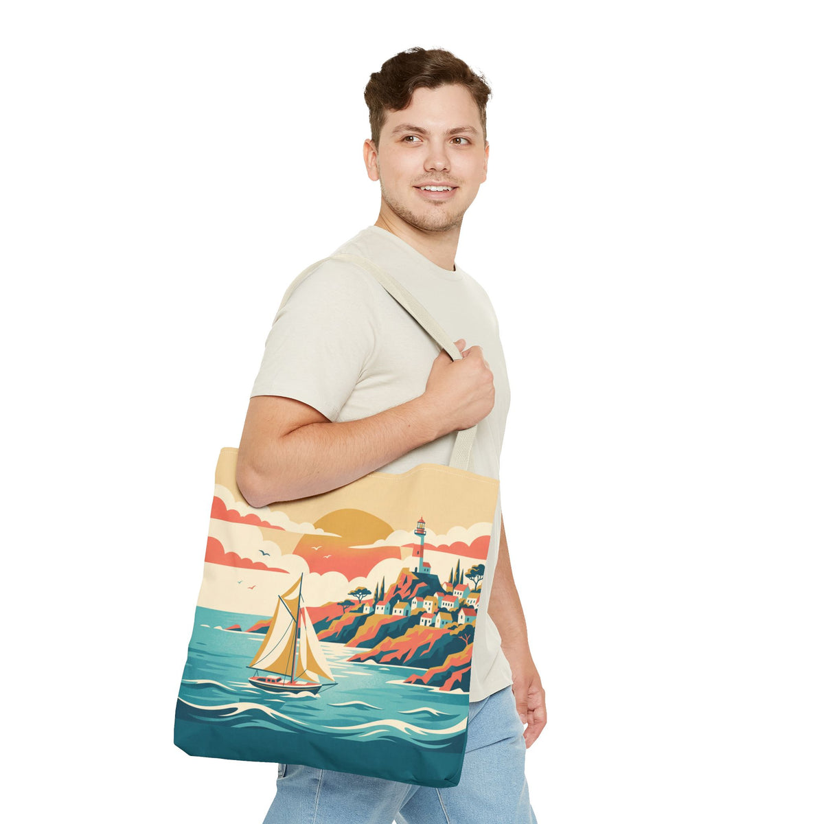 Coastal Lighthouse Sailboat Tote Bag – Retro Seaside Sunset Beach Bag
