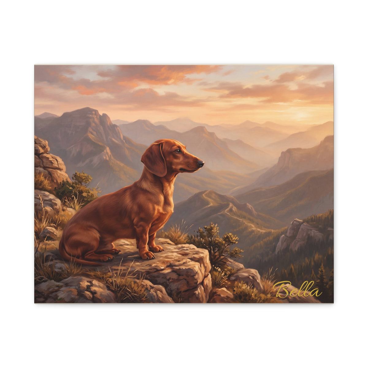 Personalized Dachshund Canvas — Mountain Sunset Scene