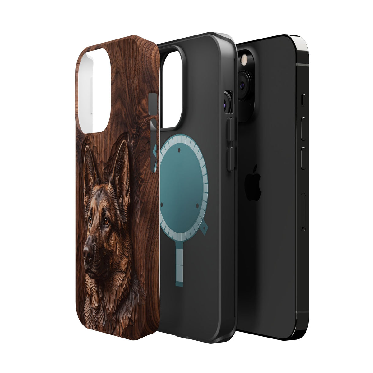German Shepherd Phone Case | Carved Walnut Art — Tough Magnetic Case with Wireless Charging