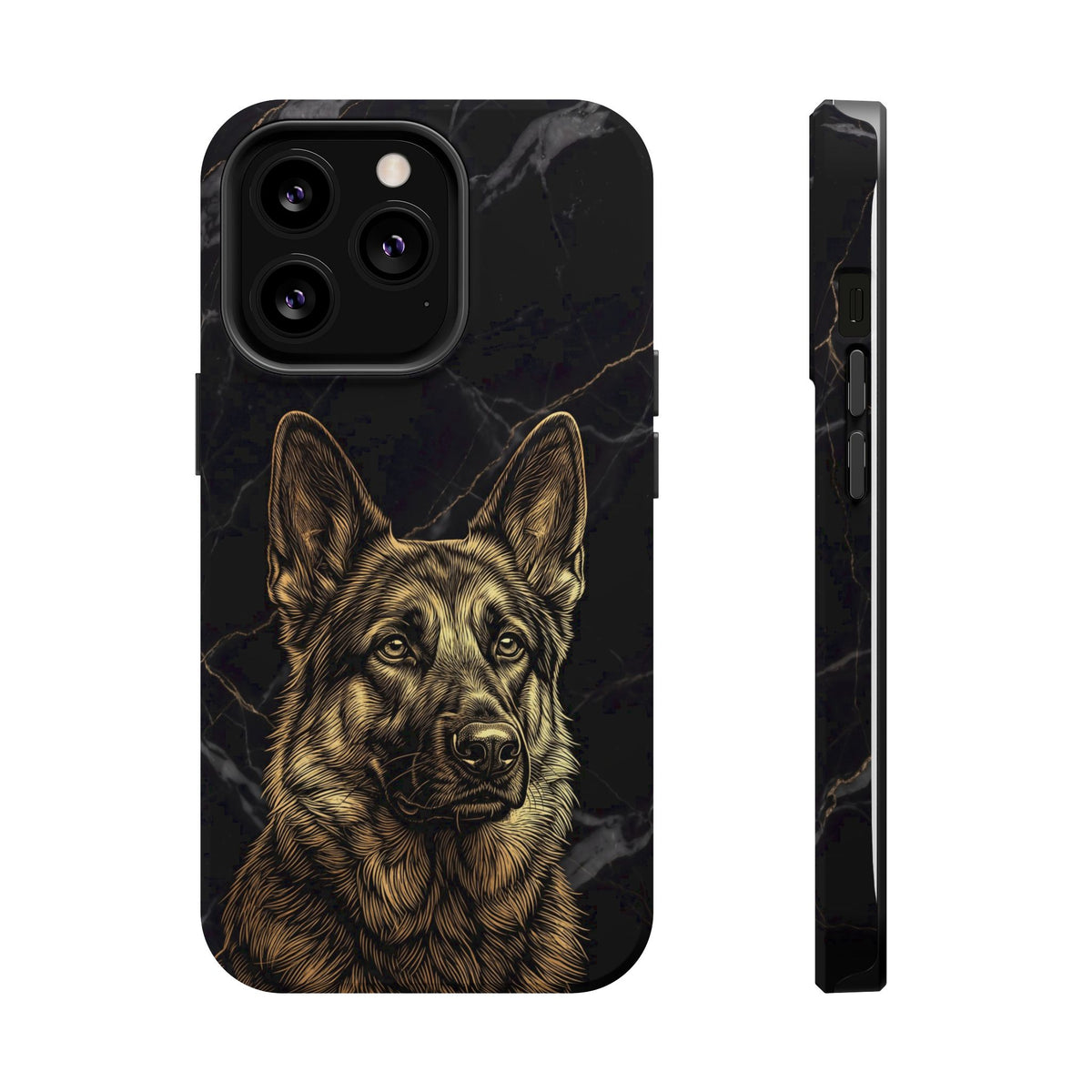 German Shepherd Phone Case | Black Marble Gold Sketch Art — Tough Magnetic Case with Wireless Charging