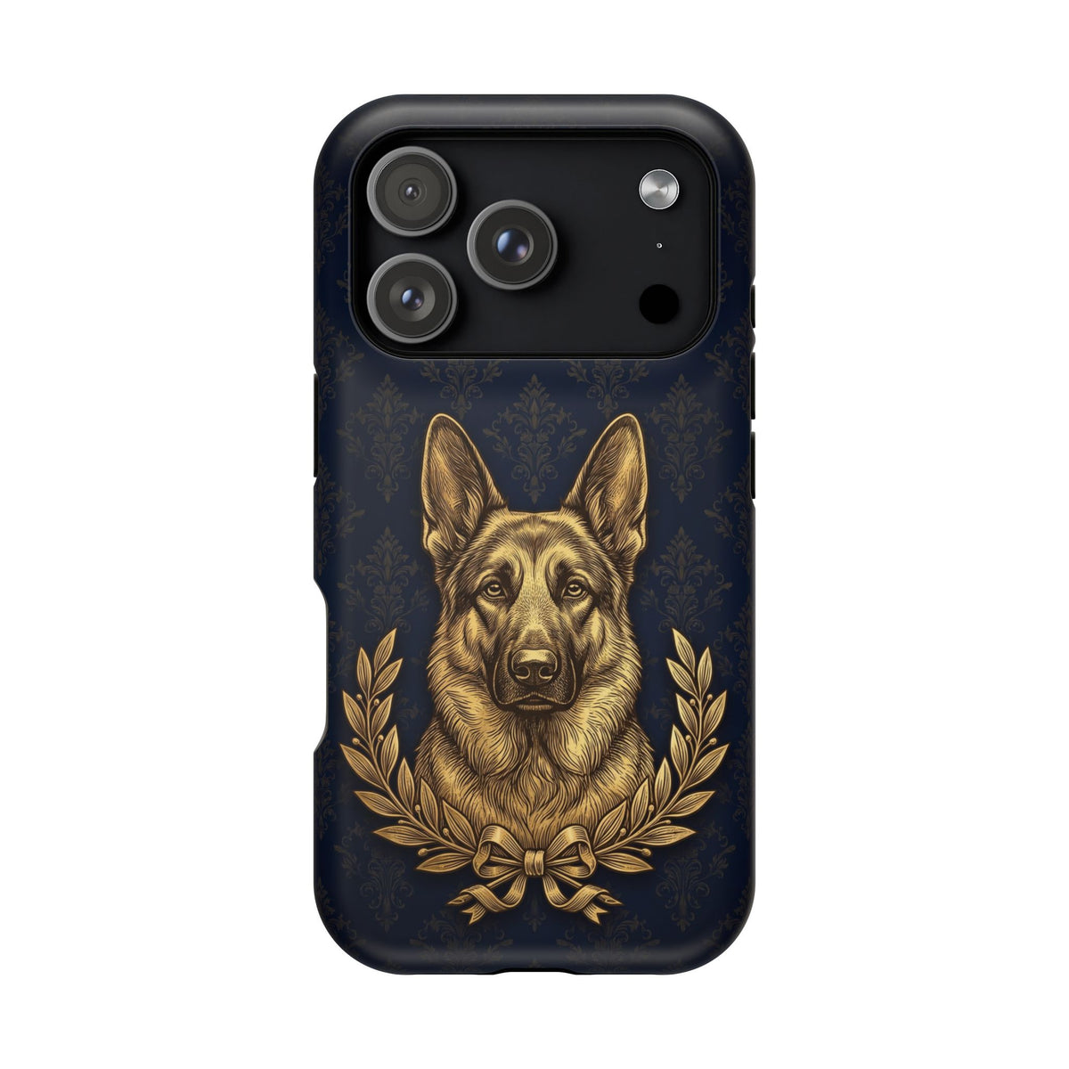 German Shepherd Phone Case | Navy Gold Laurel Art — Tough Magnetic Case with Wireless Charging