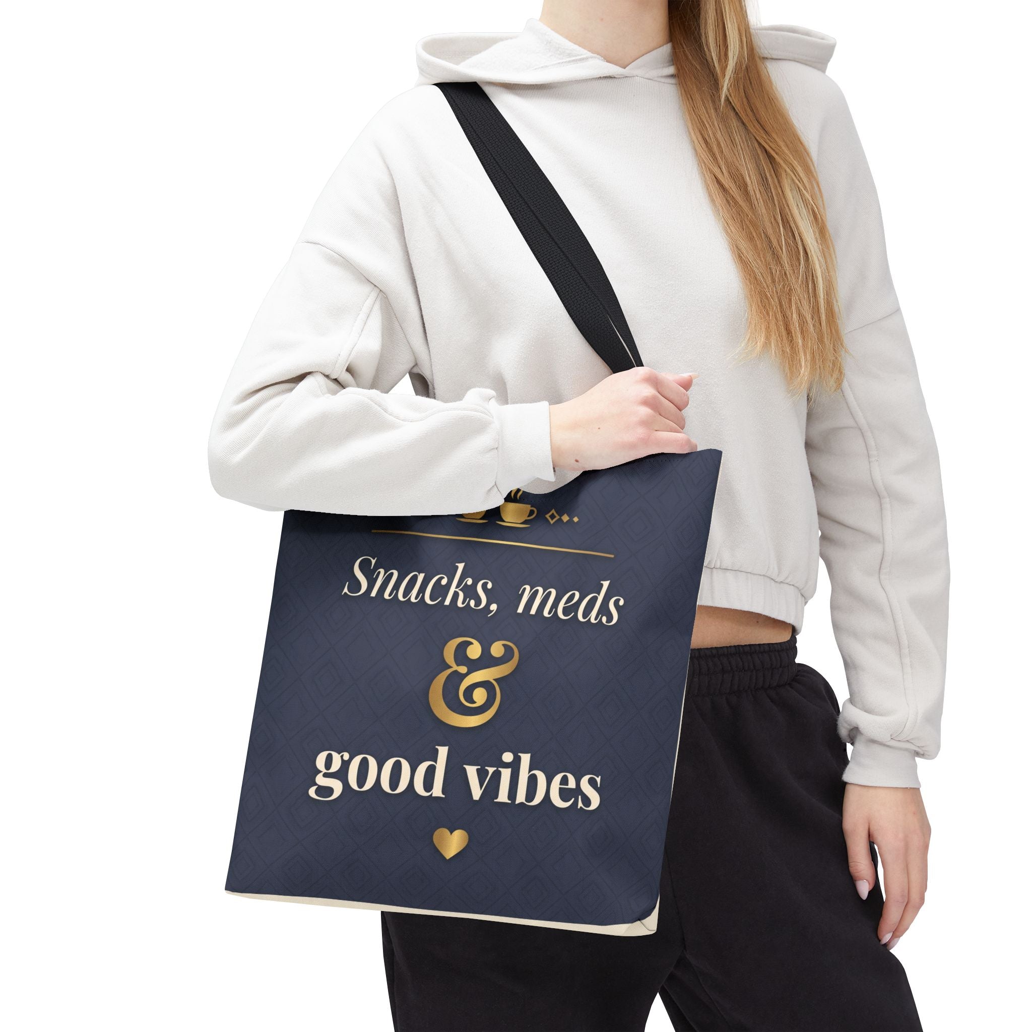 Snacks Meds & Good Vibes Tote | Funny Nurse Gift Tote Bag | Healthcare Worker Humour Gift | Premium Polyester Carry-All