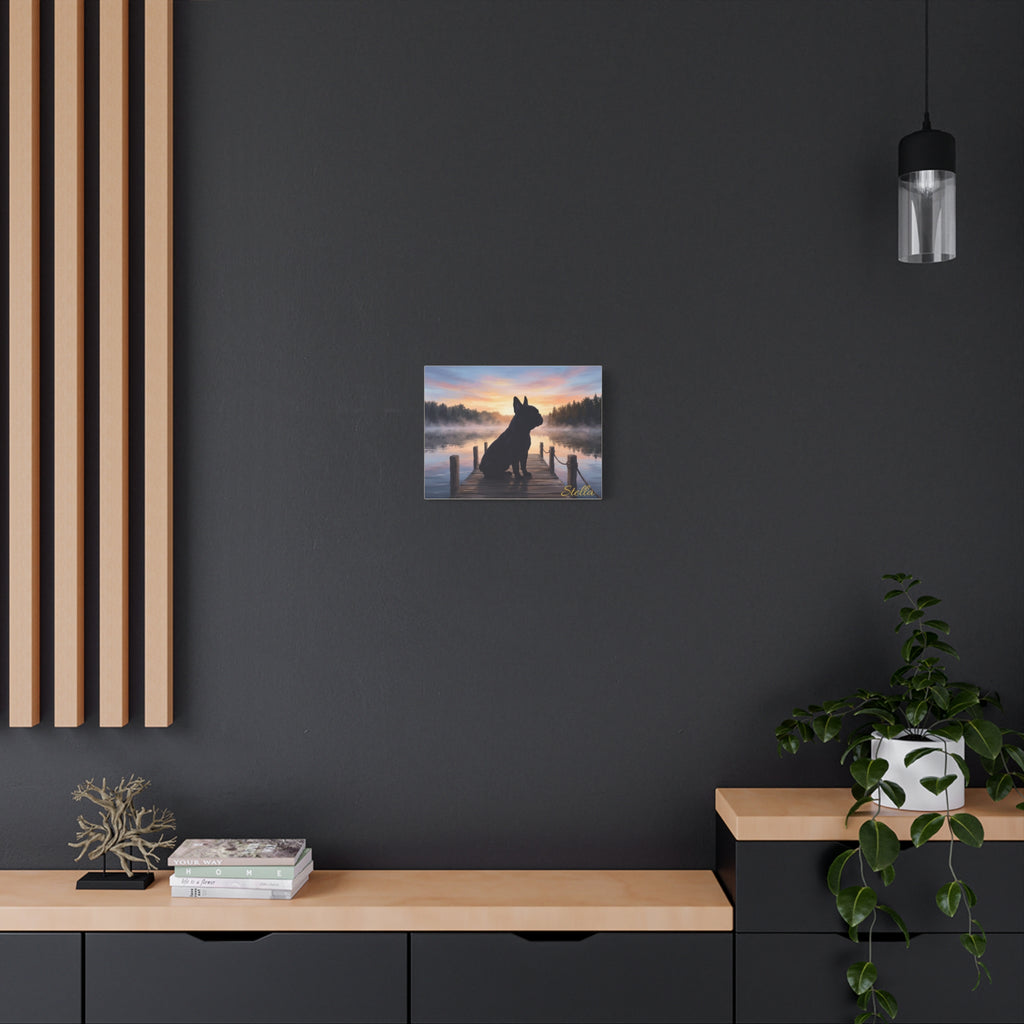 French Bulldog Silhouette Personalized Canvas | Misty Lake Sunrise Dock Wall Art
