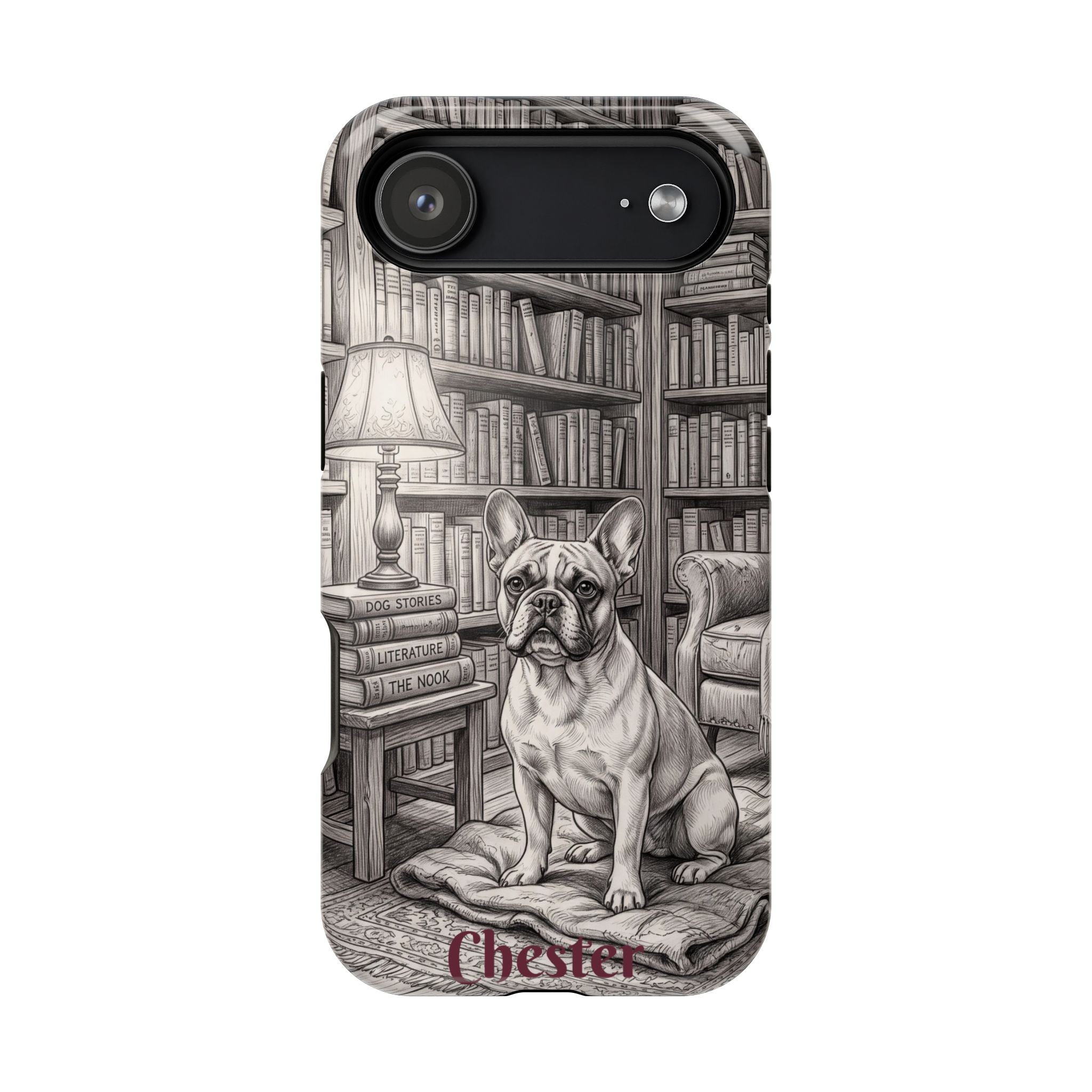 Personalized French Bulldog Library Study Phone Case — Wireless Charging Cover
