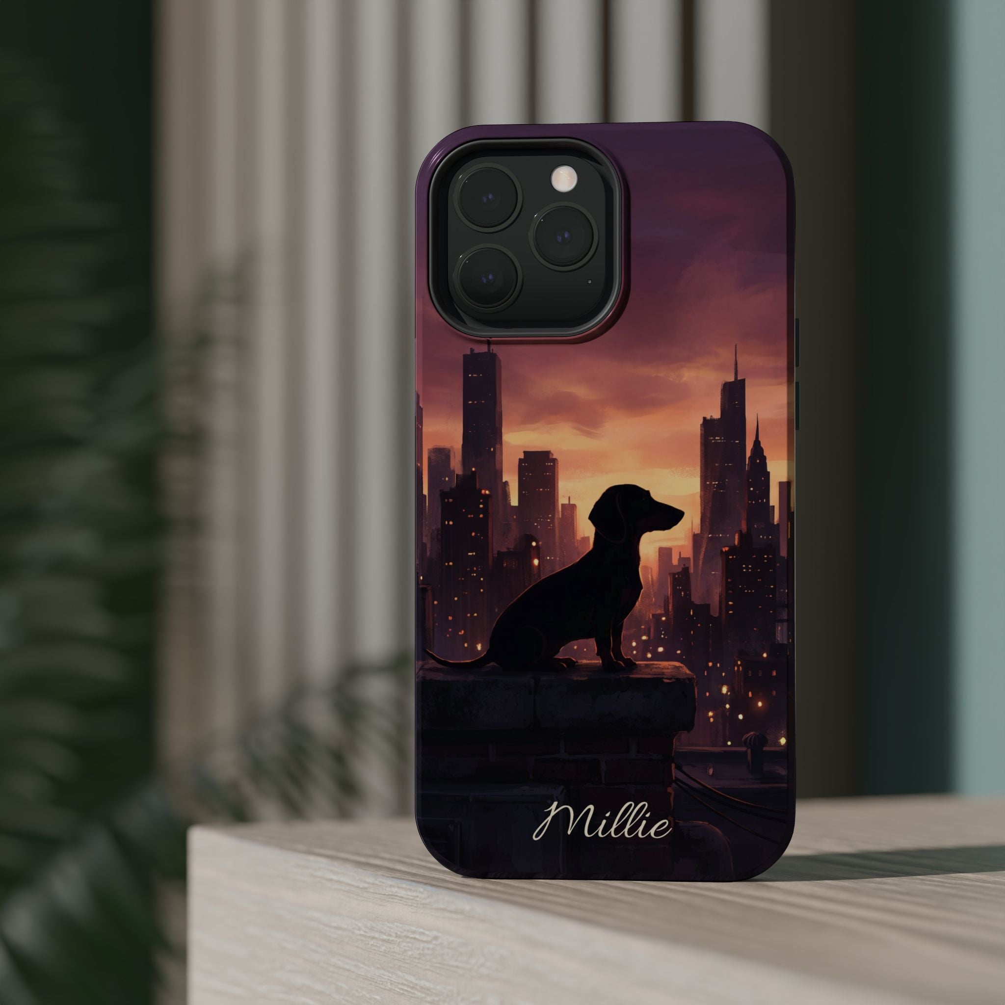 Personalized Dachshund City Skyline Phone Case — Wireless Charging Cover