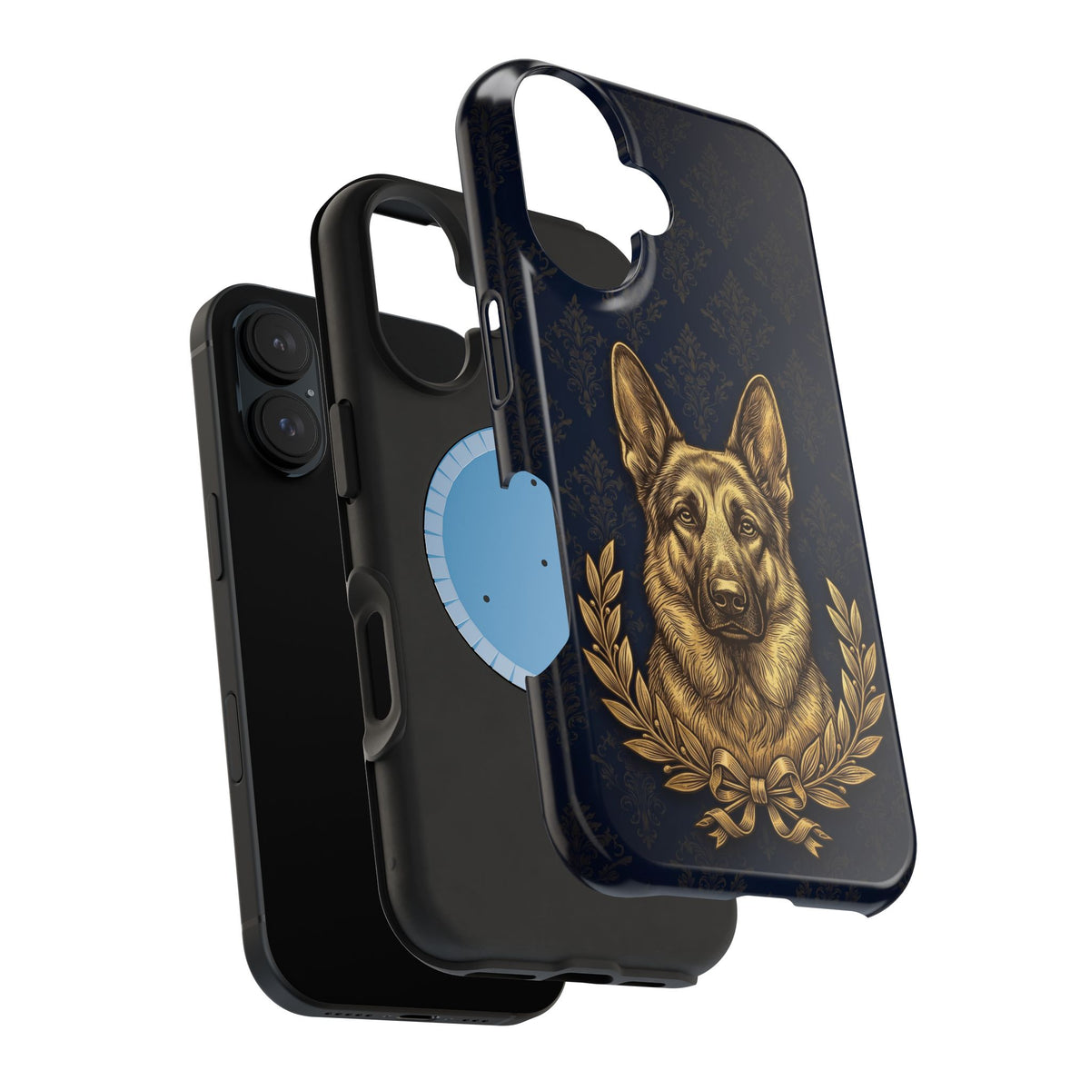 German Shepherd Phone Case | Navy Gold Laurel Art — Tough Magnetic Case with Wireless Charging