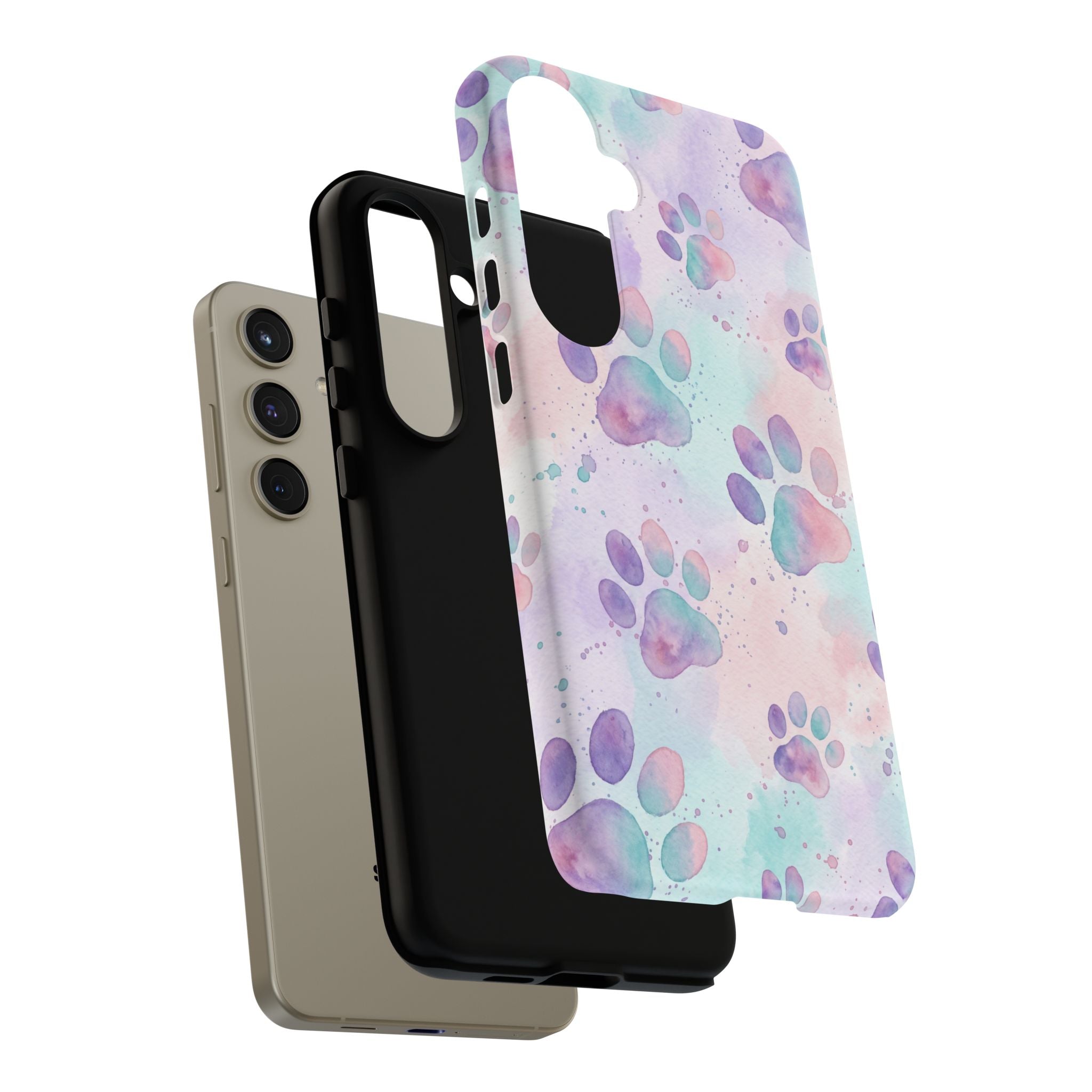 Watercolor Paw Print Phone Case | Pastel Purple, Teal & Pink Artistic Pattern | Samsung & iPhone
