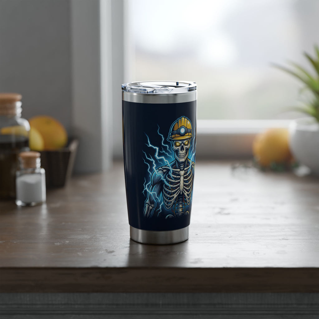 Electric Skeleton Miner 20 oz Tumbler — Energetic Miner Skull Travel Cup for Electricians