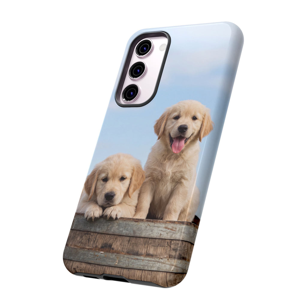 Golden Retriever Puppies on Barrel Phone Case | Cute Duo Under Blue Sky | iPhone & Samsung