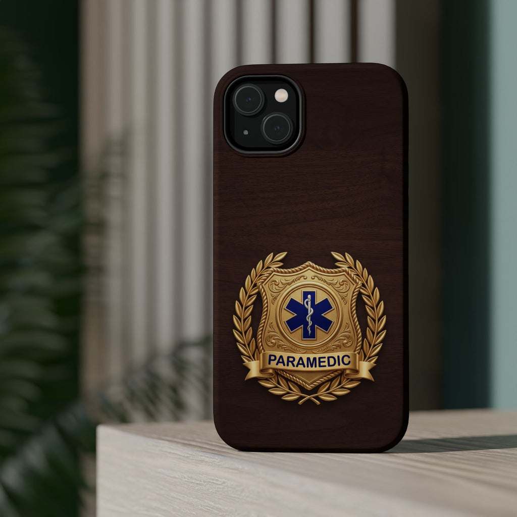 Gold Paramedic Laurel Badge Wood Phone Case — Magnetic Wireless Charging Cover