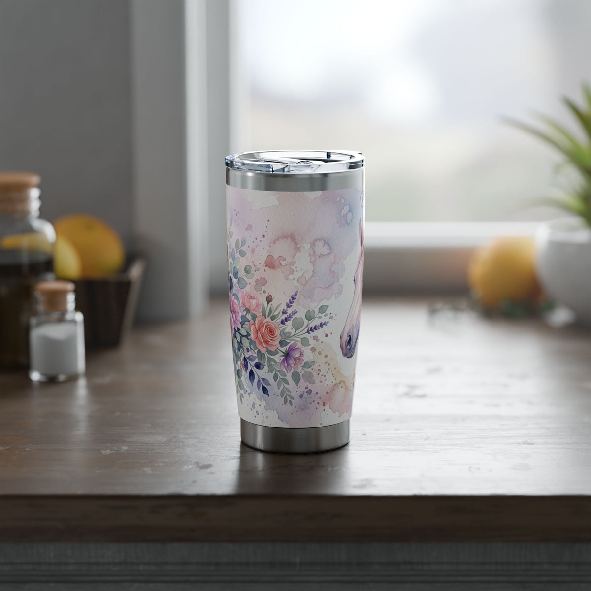 Horse Personalized Tumbler | Watercolor Floral Art — 20 oz Stainless Travel Mug