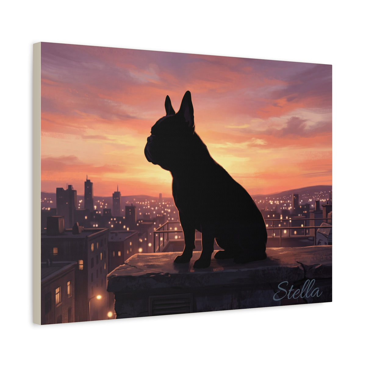 French Bulldog Silhouette Personalized Canvas | Sunset City Skyline Wall Art