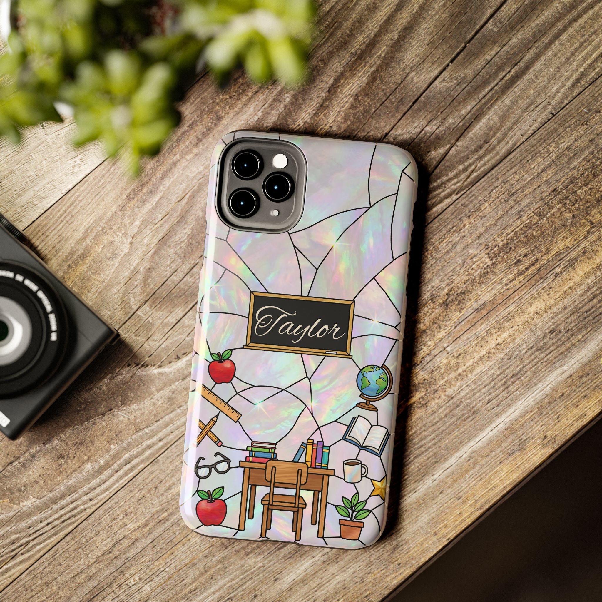 Personalized Teacher Phone Case — Custom Name Stained Glass Classroom Design