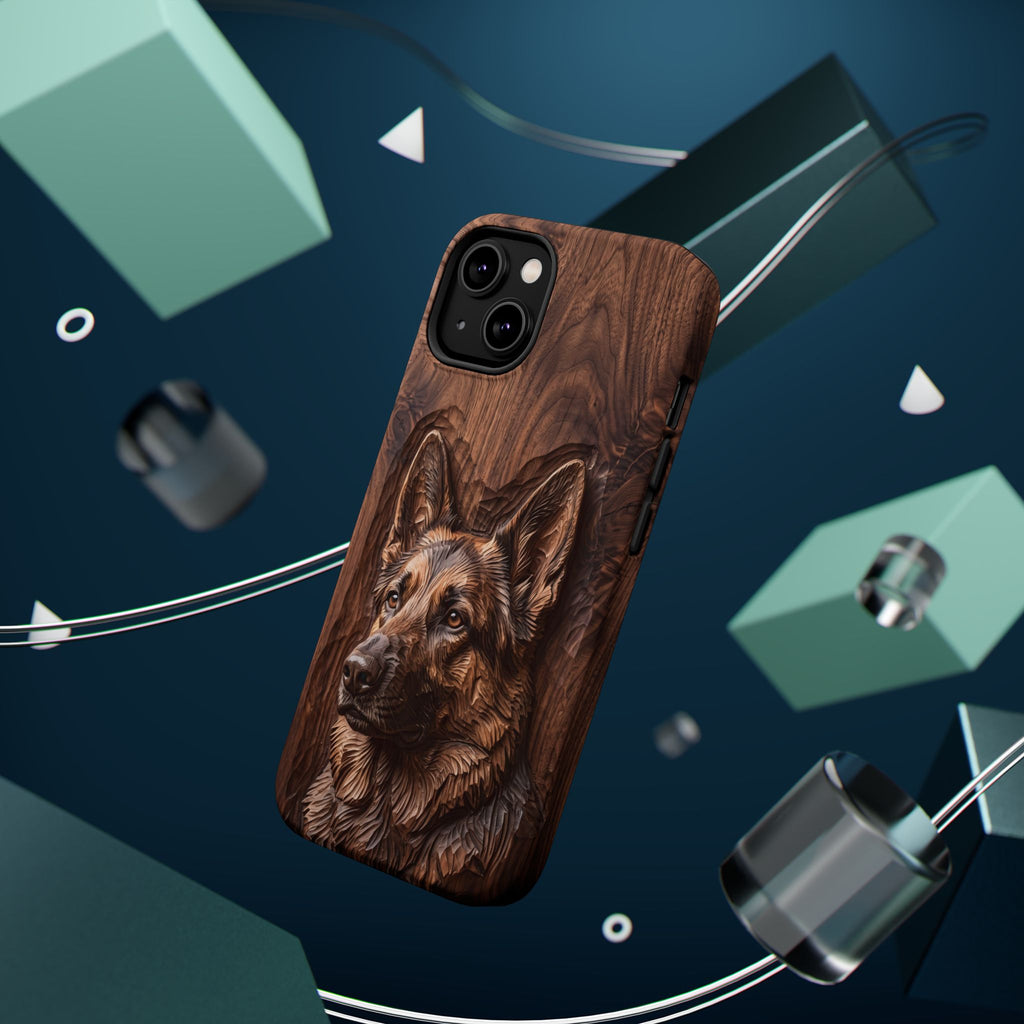 German Shepherd Phone Case | Carved Walnut Art — Tough Magnetic Case with Wireless Charging
