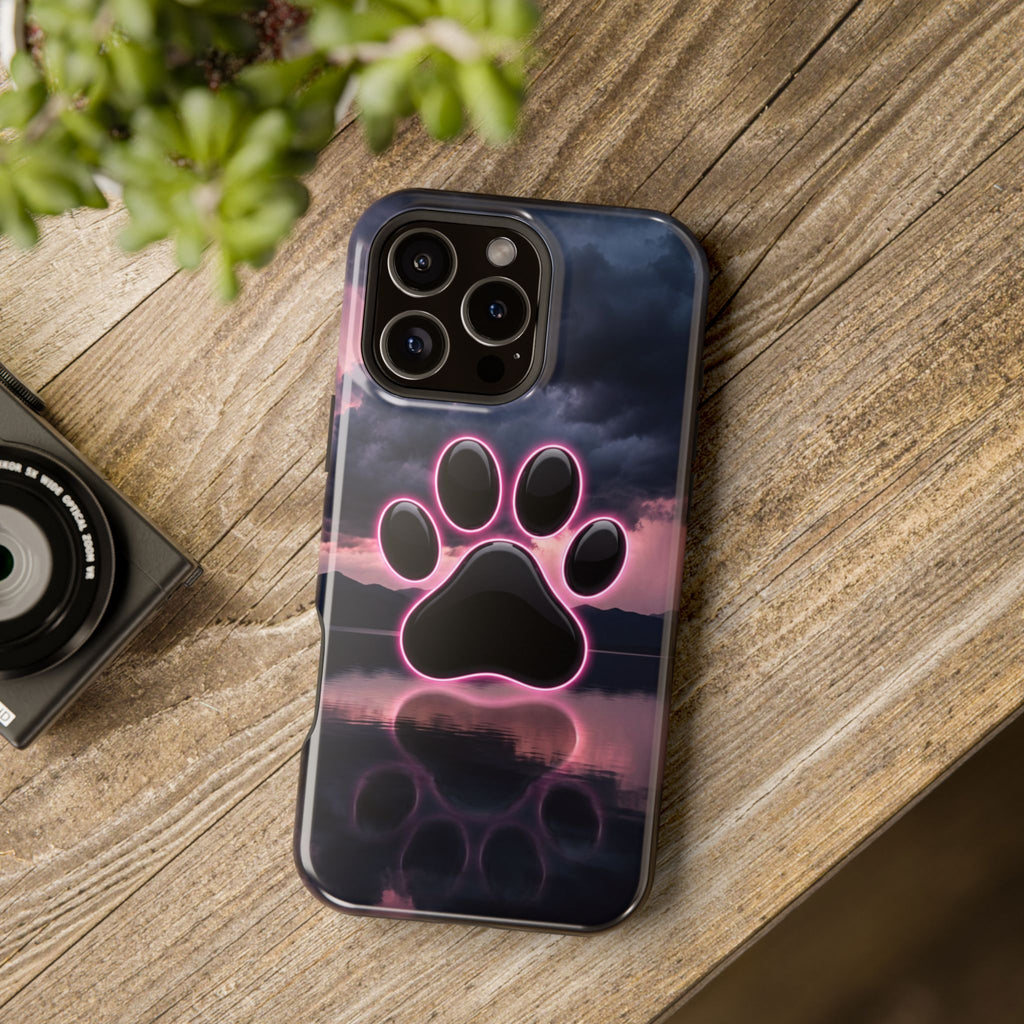 Neon Paw Print Phone Case — Impact-Resistant Wireless Charging Cover