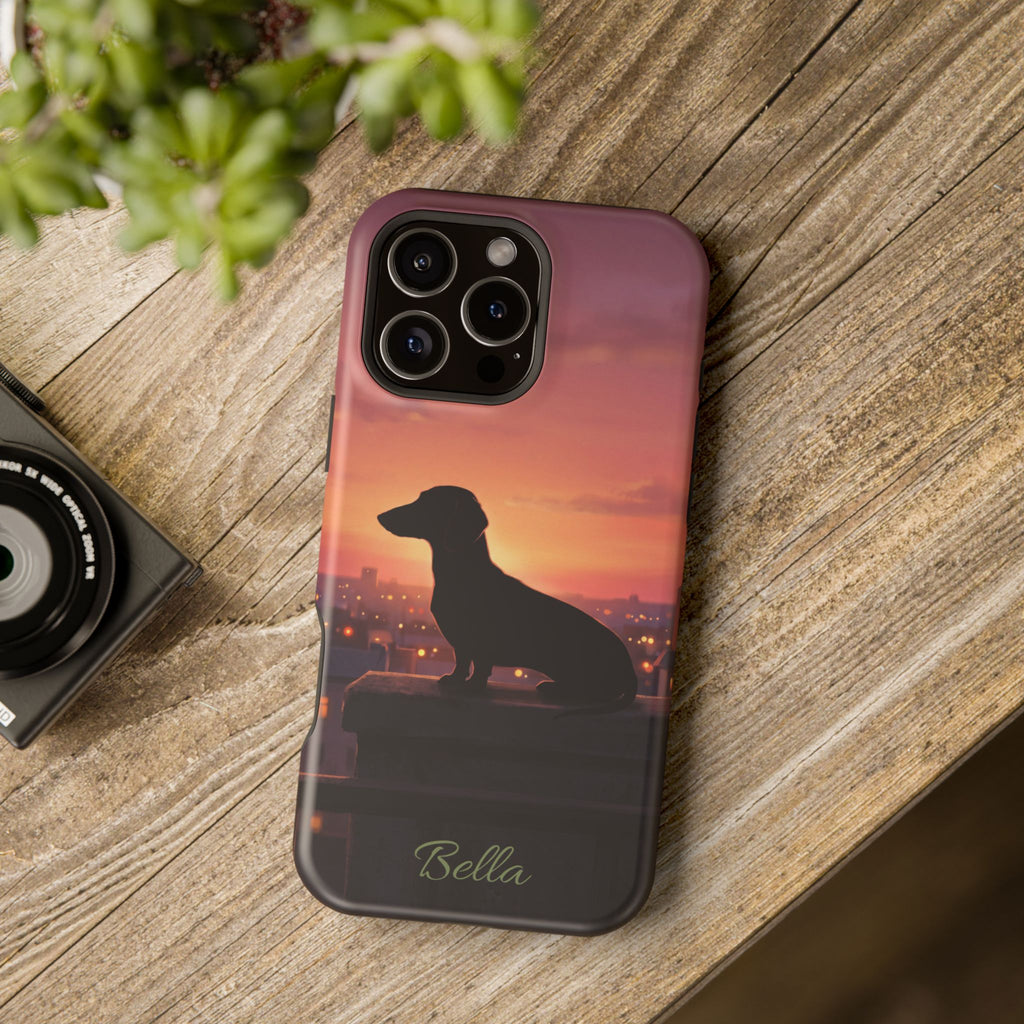 Personalized Dachshund Rooftop Sunset Phone Case — Wireless Charging Cover