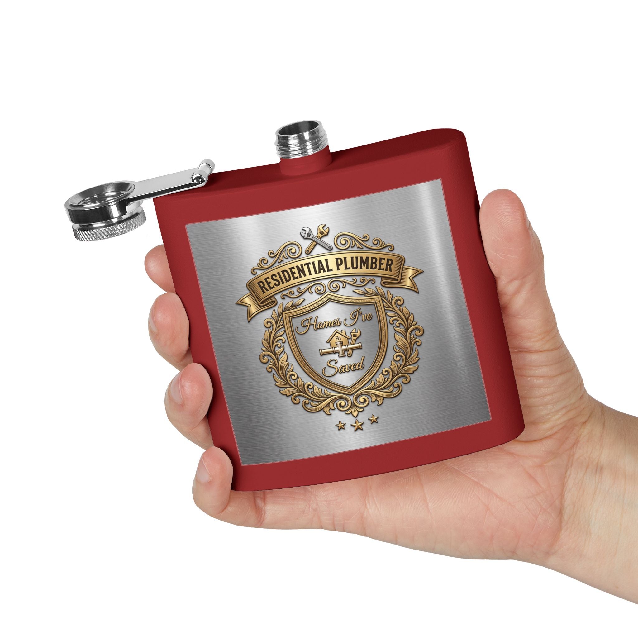 Flask — "Residential Plumber: Homes I've Saved" 6oz Stainless Steel Hip Flask