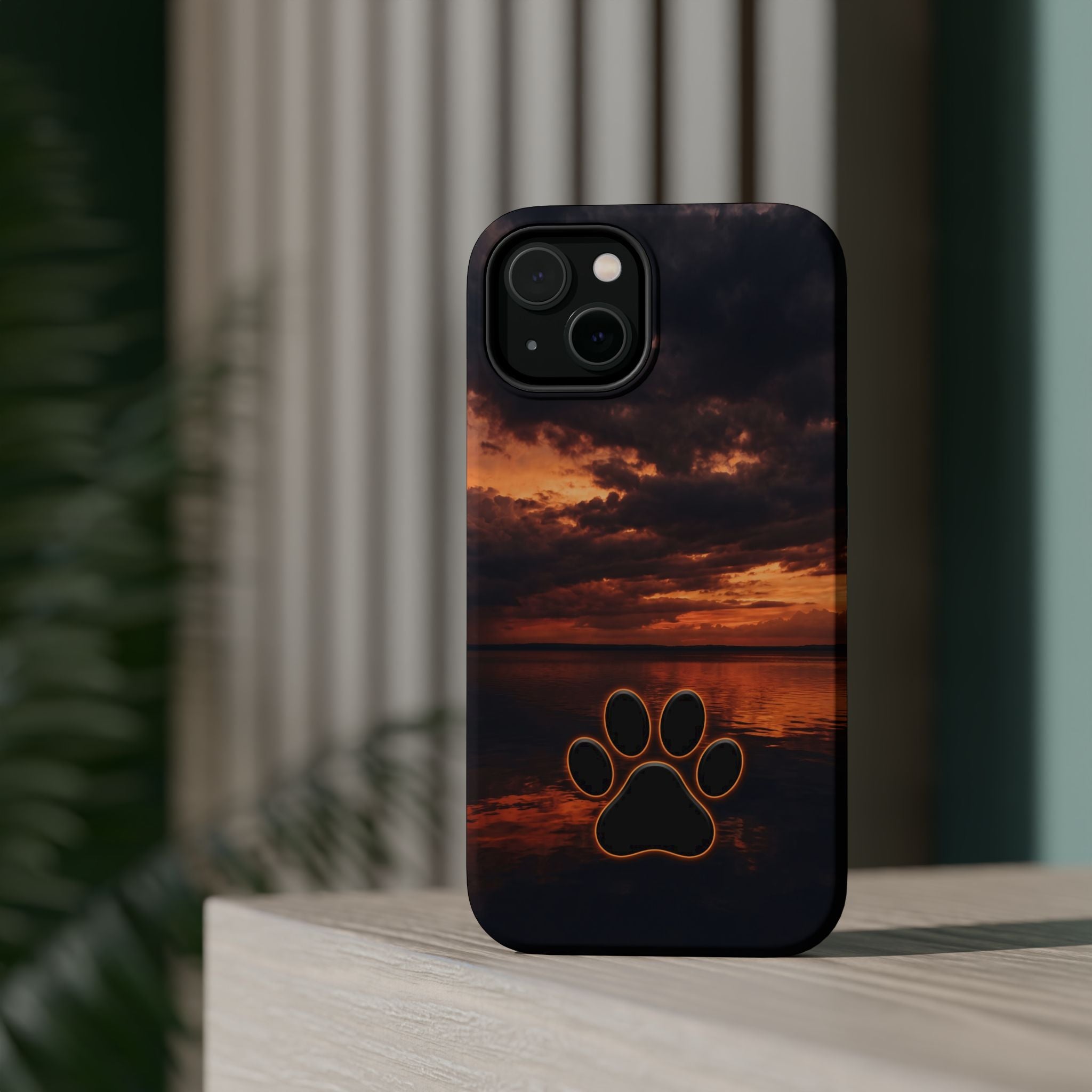 Sunset Paw Print Phone Case — Impact-Resistant Wireless Charging Cover