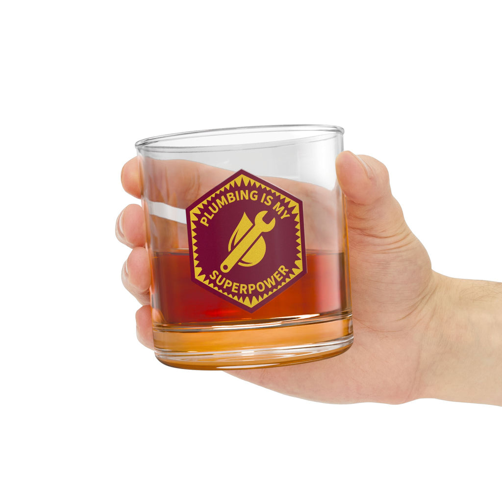 Plumbing Is My Superpower Badge Rocks Glass 10oz — Burgundy & Gold Plumber Glass