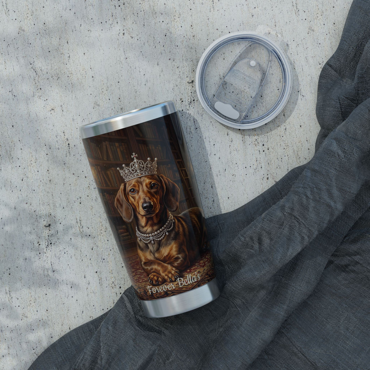 Dachshund Royal Portrait Stainless Tumbler — 20 oz Personalized Travel Mug with Vintage Library Design