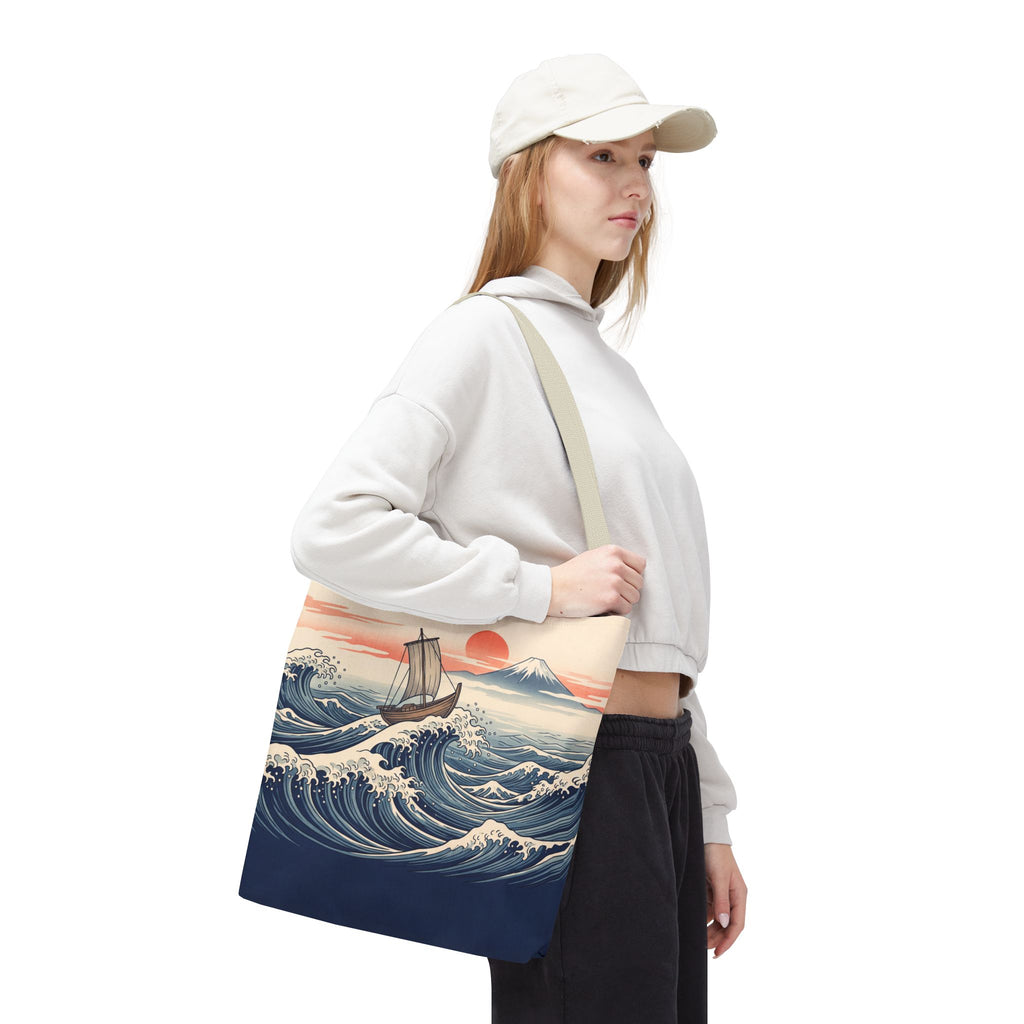Japanese Wave Sailboat Tote Bag – Woodblock Style Ocean Beach Bag