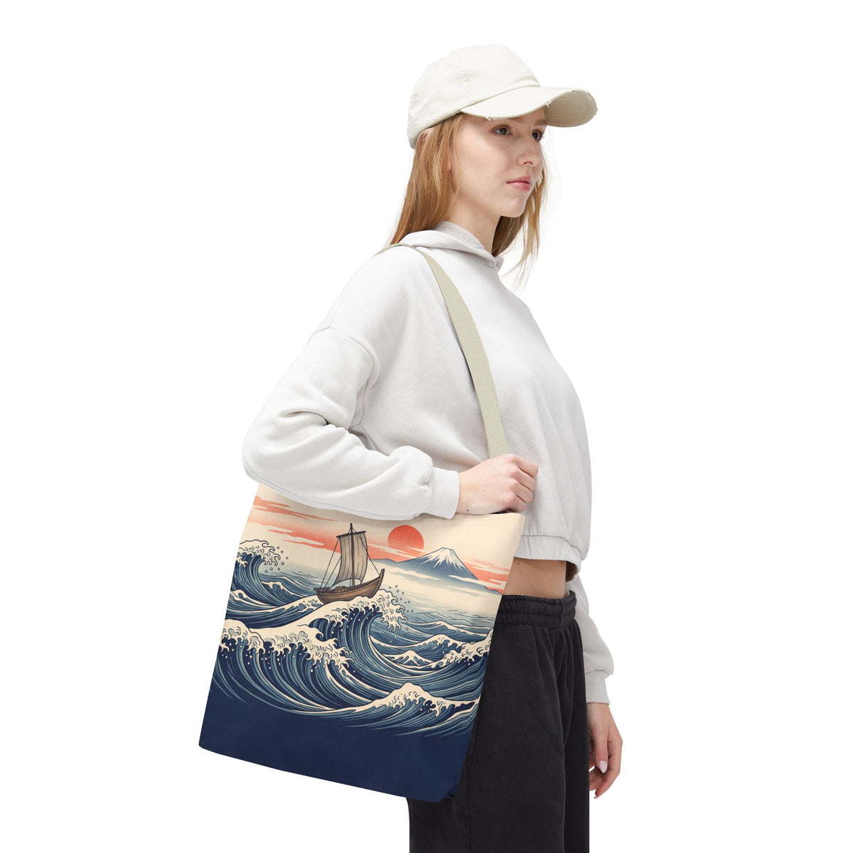 Japanese Wave Sailboat Tote Bag – Woodblock Style Ocean Beach Bag