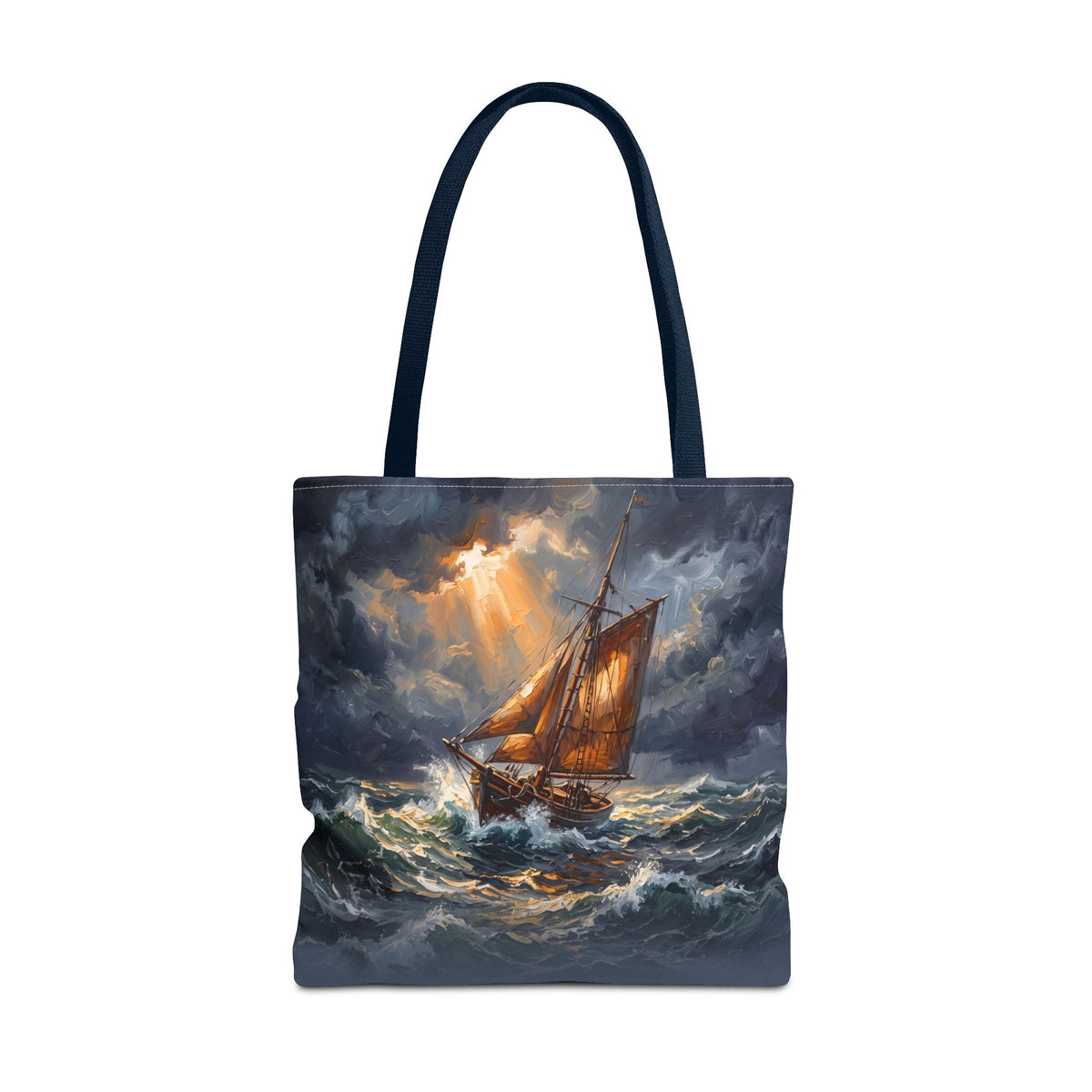 Stormy Sea Sailing Ship Tote Bag – Dramatic Ocean Oil Painting Style Beach Bag