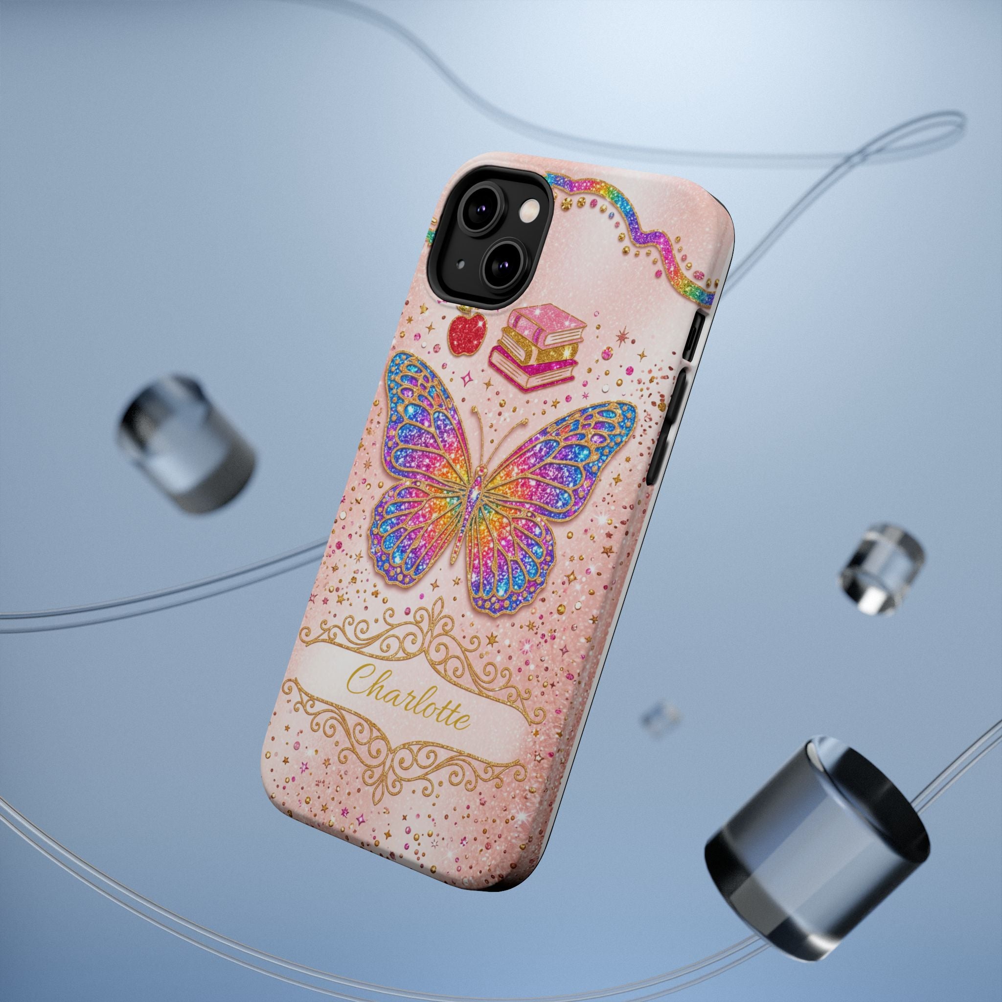 Blush Glitter Butterfly Personalized Teacher Phone Case — Wireless Charging Cover