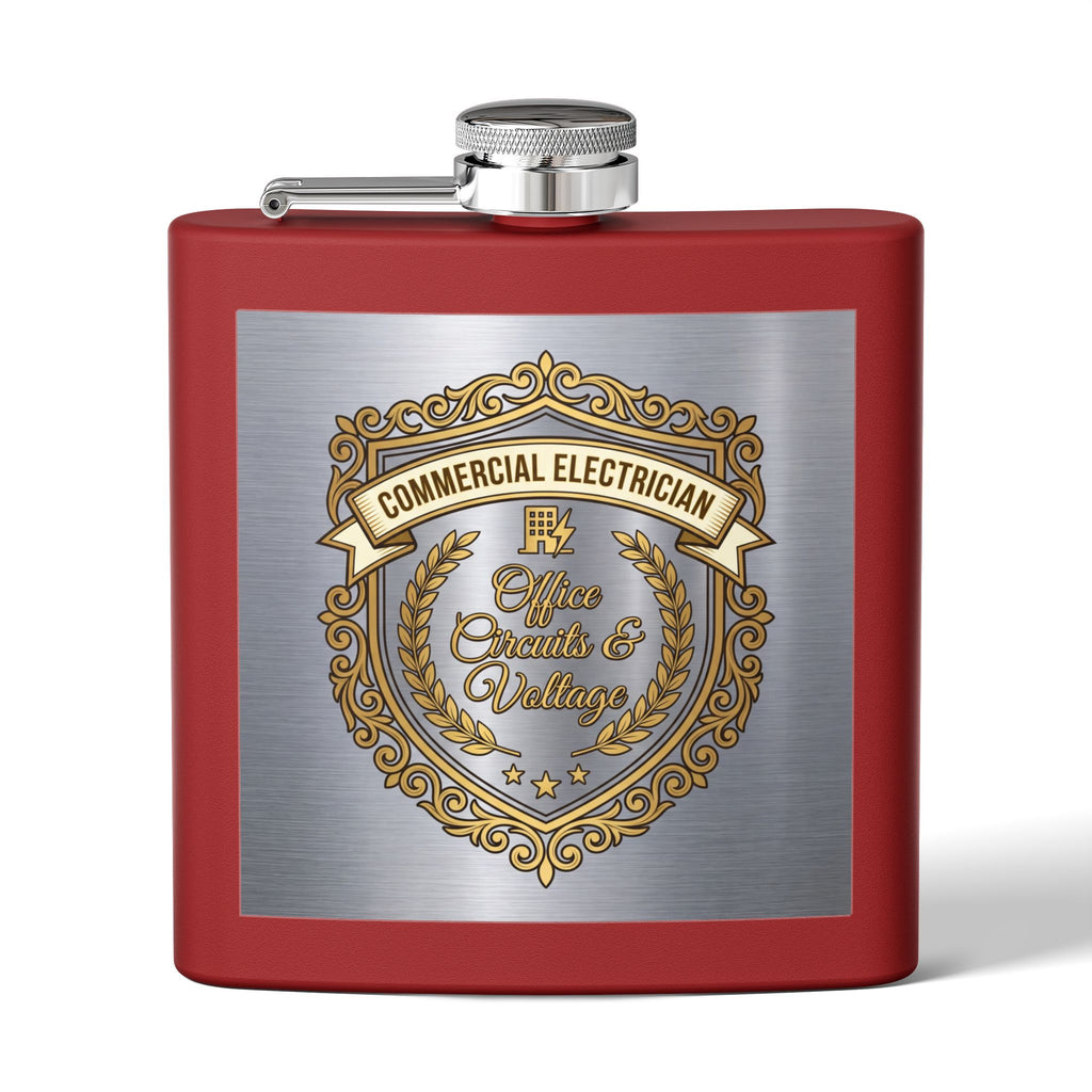 Flask — "Commercial Electrician: Office Circuits & Voltage" (Shield Badge) 6oz Stainless Steel Hip Flask