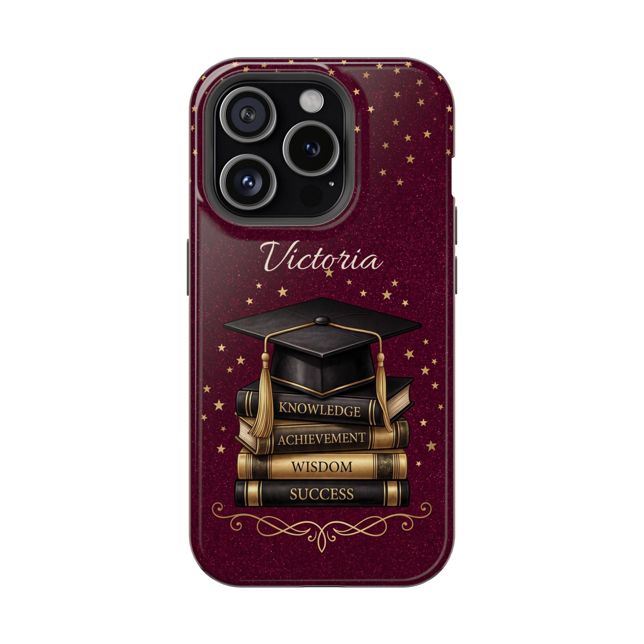 Graduation Cap & Books Personalized Teacher Phone Case — Wireless Charging Cover