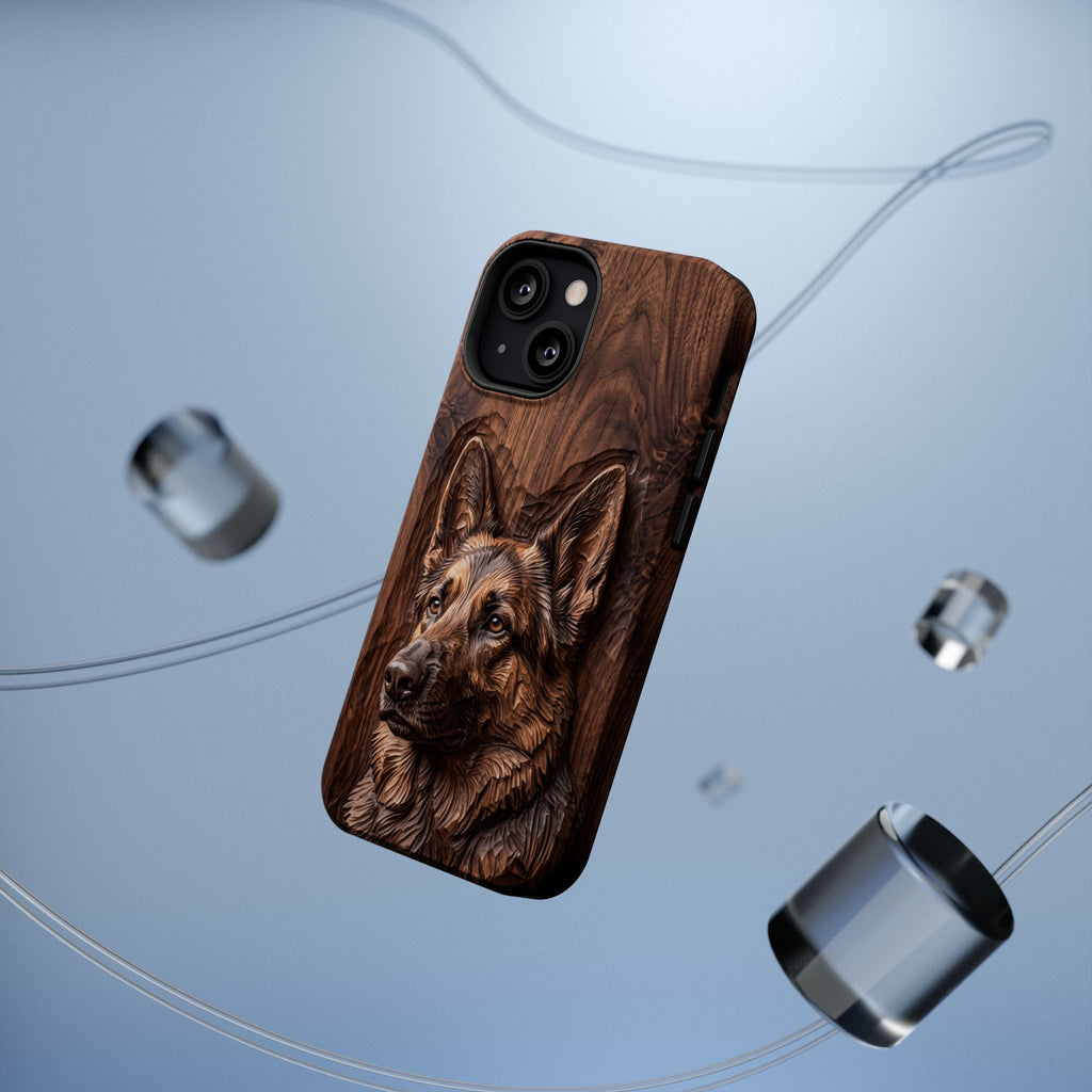 German Shepherd Phone Case | Carved Walnut Art — Tough Magnetic Case with Wireless Charging
