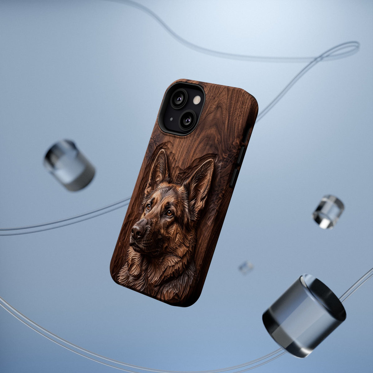 German Shepherd Phone Case | Carved Walnut Art — Tough Magnetic Case with Wireless Charging