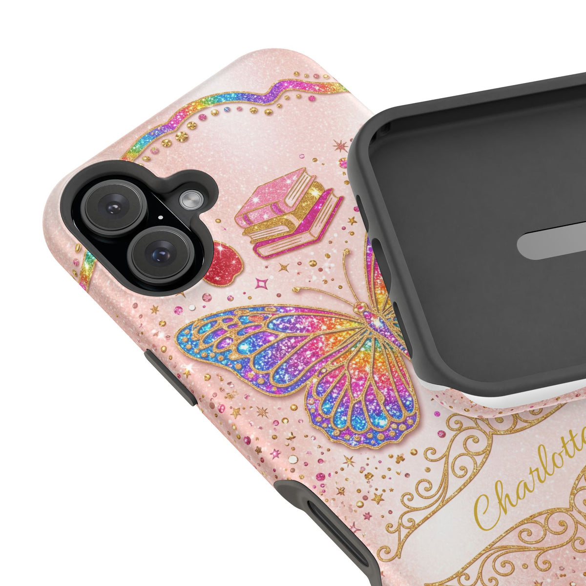 Blush Glitter Butterfly Personalized Teacher Phone Case — Wireless Charging Cover
