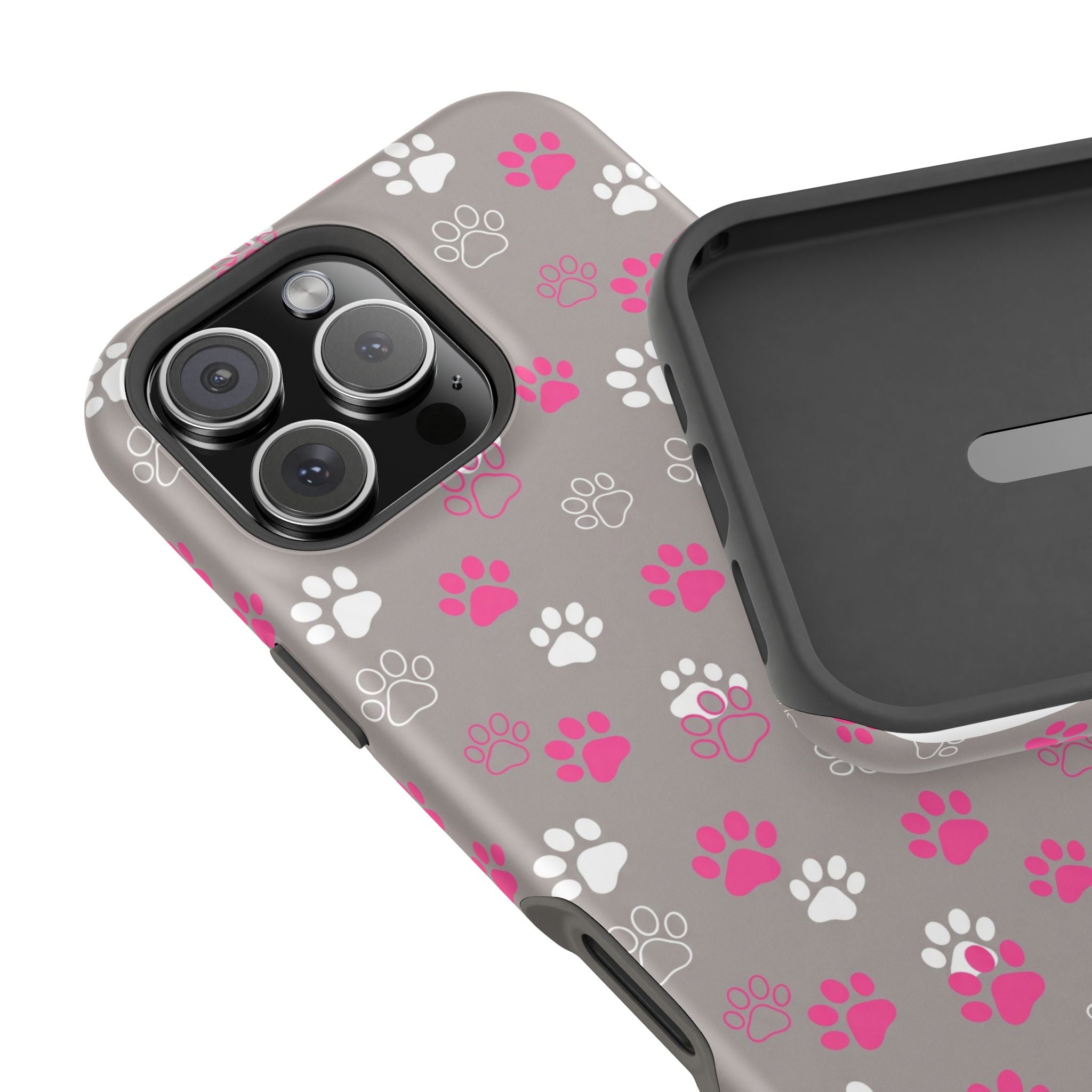 Pink & White Paw Print Phone Case — Impact-Resistant Wireless Charging Cover