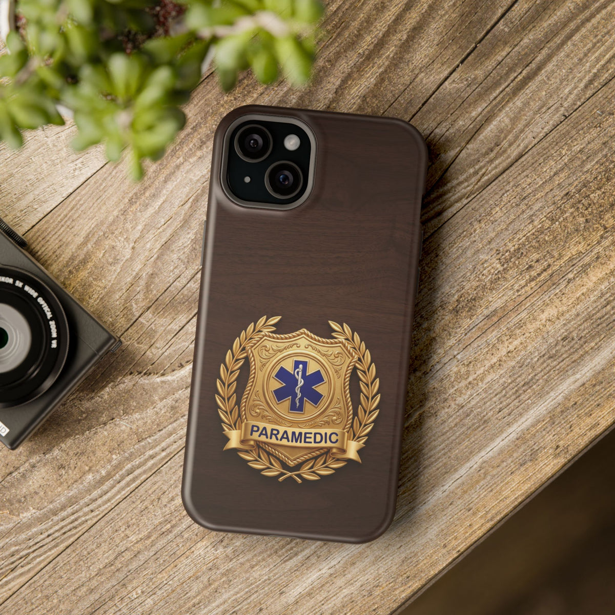 Gold Paramedic Laurel Badge Wood Phone Case — Magnetic Wireless Charging Cover