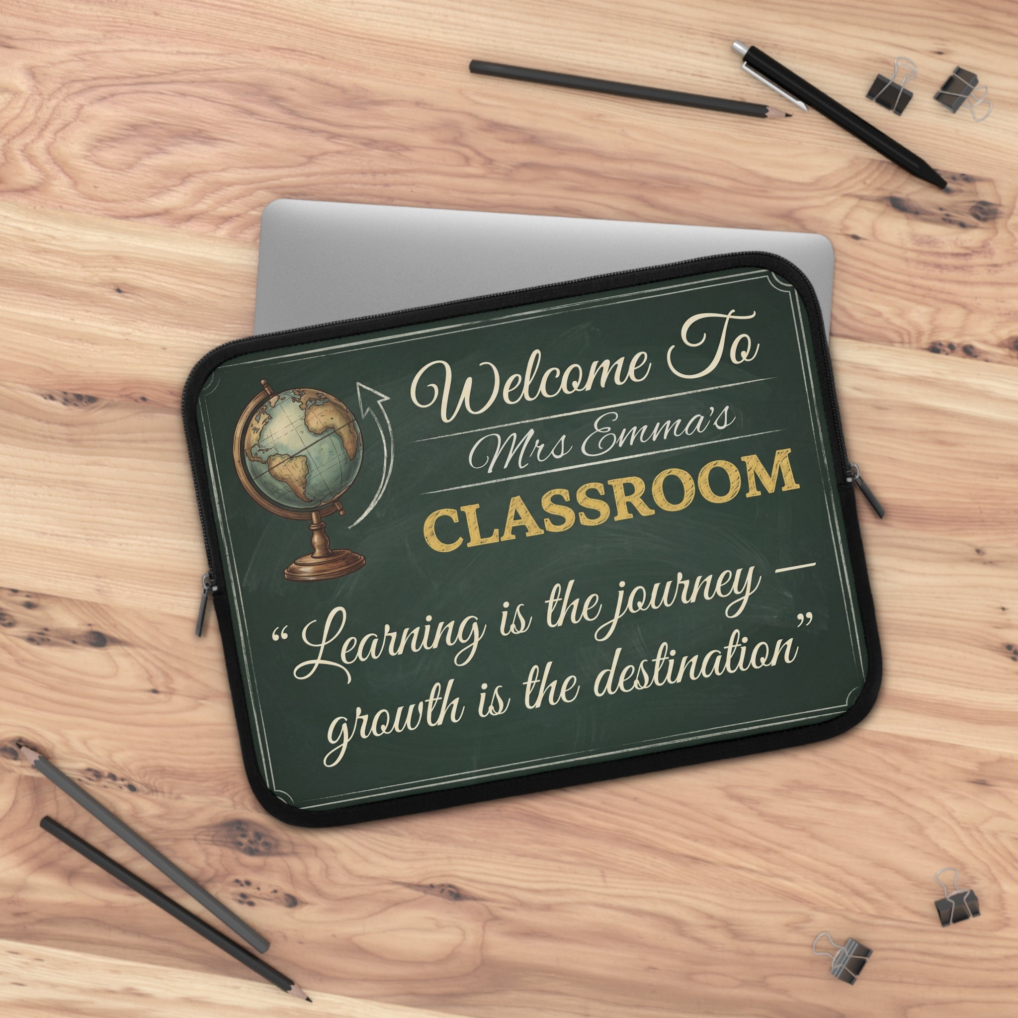 Personalized Teacher Classroom Sign Laptop Sleeve | Custom Name Chalkboard Design | Teacher Appreciation Gift