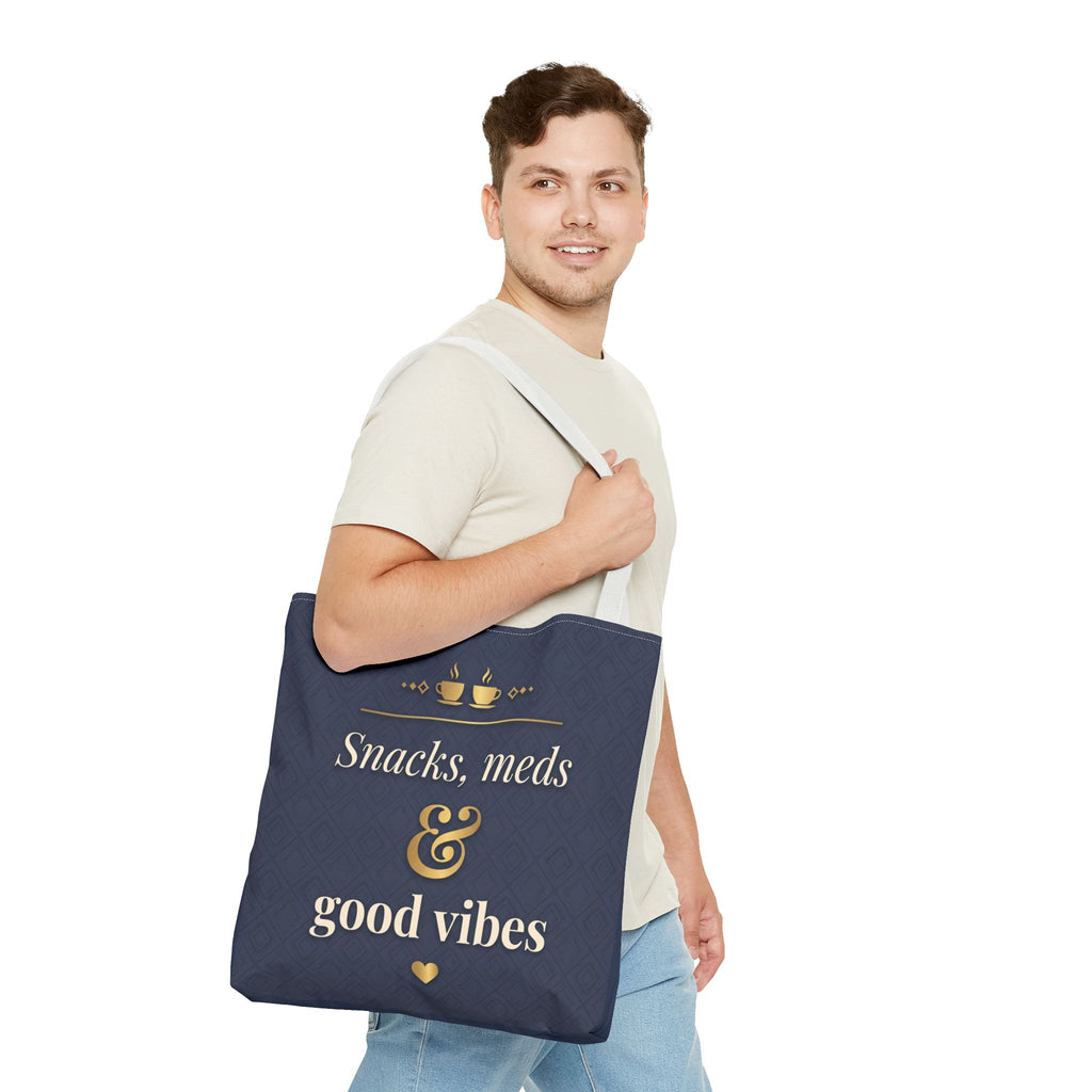 Snacks Meds & Good Vibes Tote | Funny Nurse Gift Tote Bag | Healthcare Worker Humour Gift | Premium Polyester Carry-All