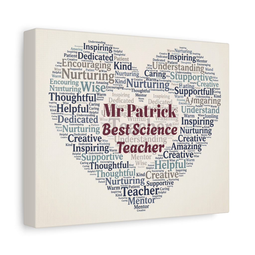 Personalized Teacher Canvas Print — Custom Name & Message Heart Word Cloud