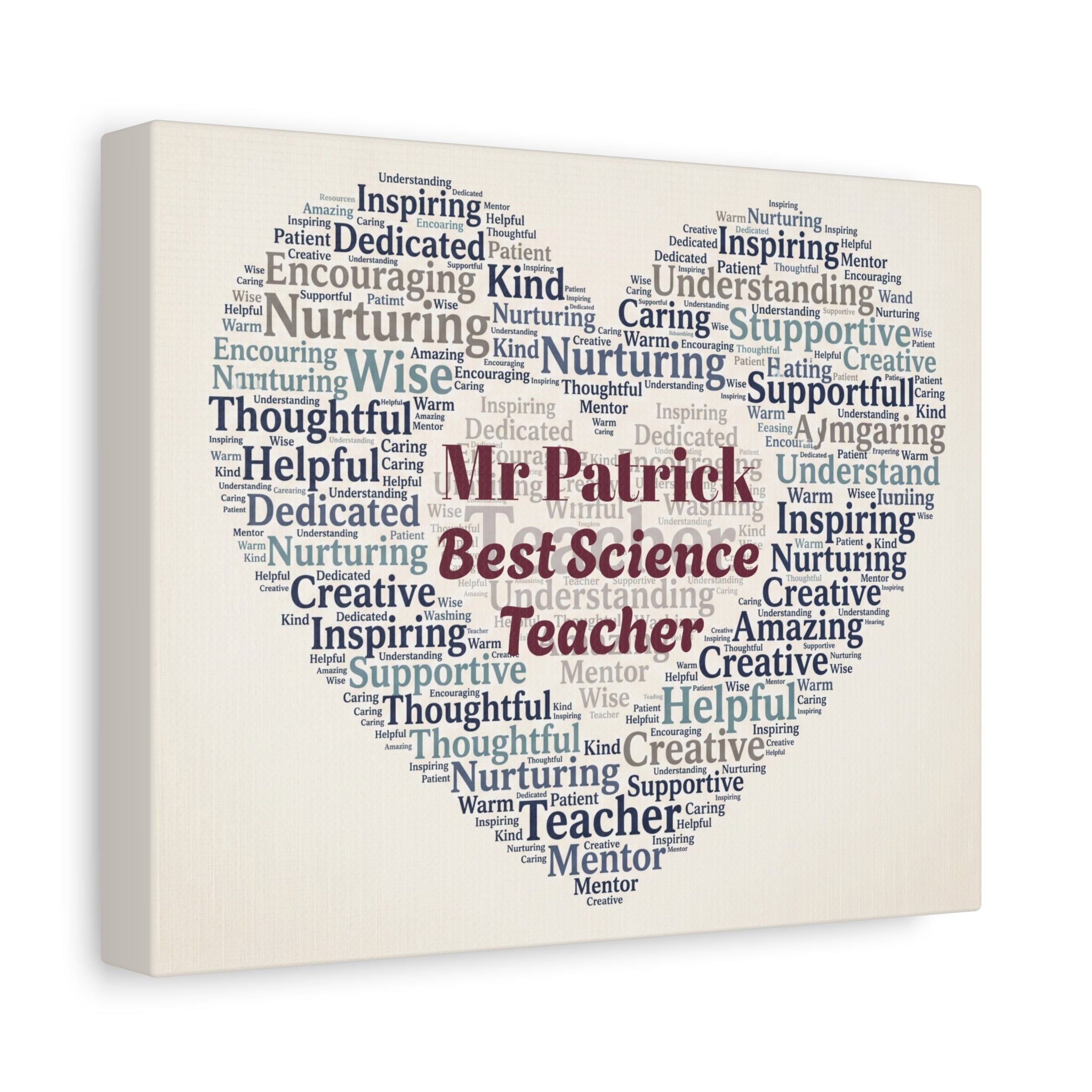 Personalized Teacher Canvas Print — Custom Name & Message Heart Word Cloud