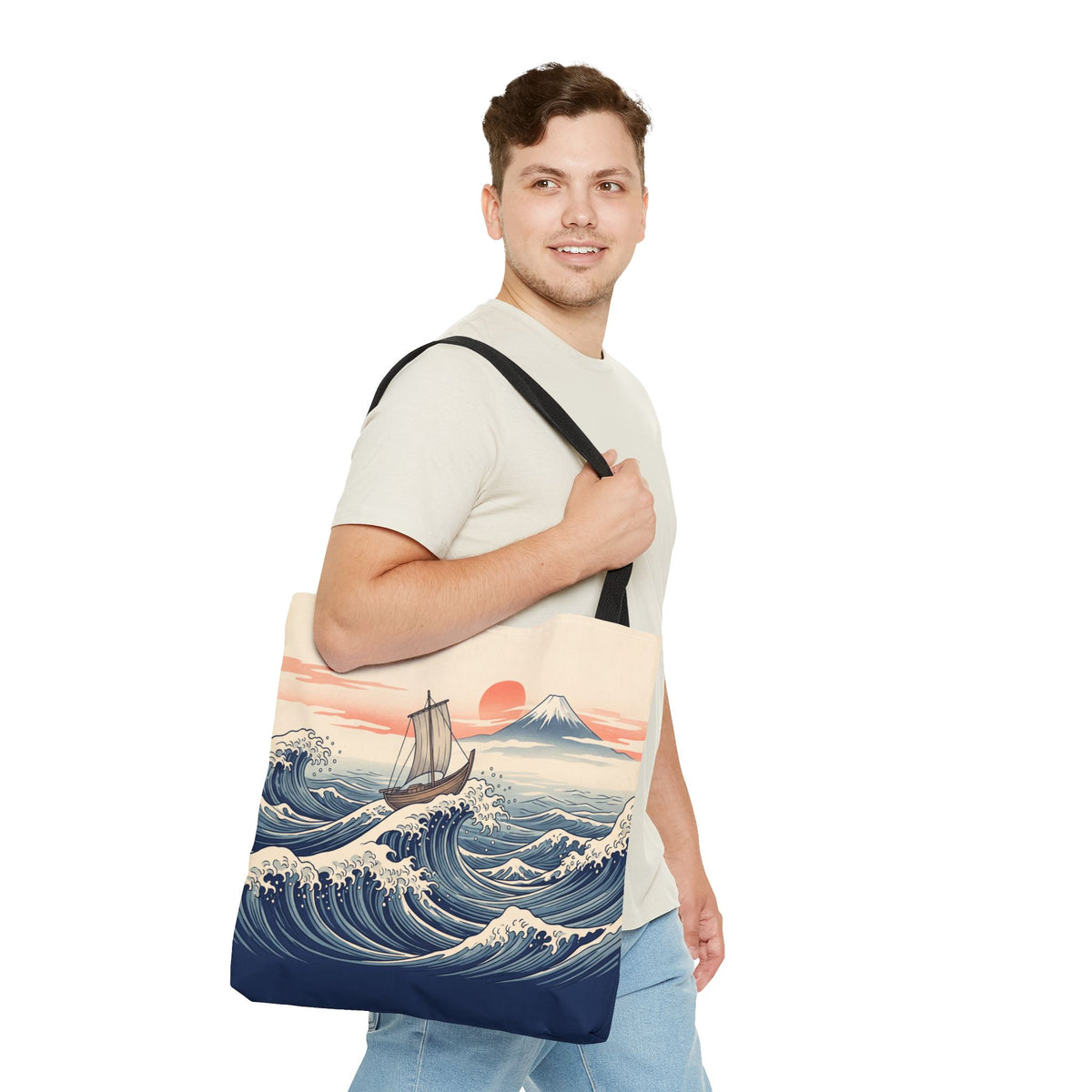 Japanese Wave Sailboat Tote Bag – Woodblock Style Ocean Beach Bag