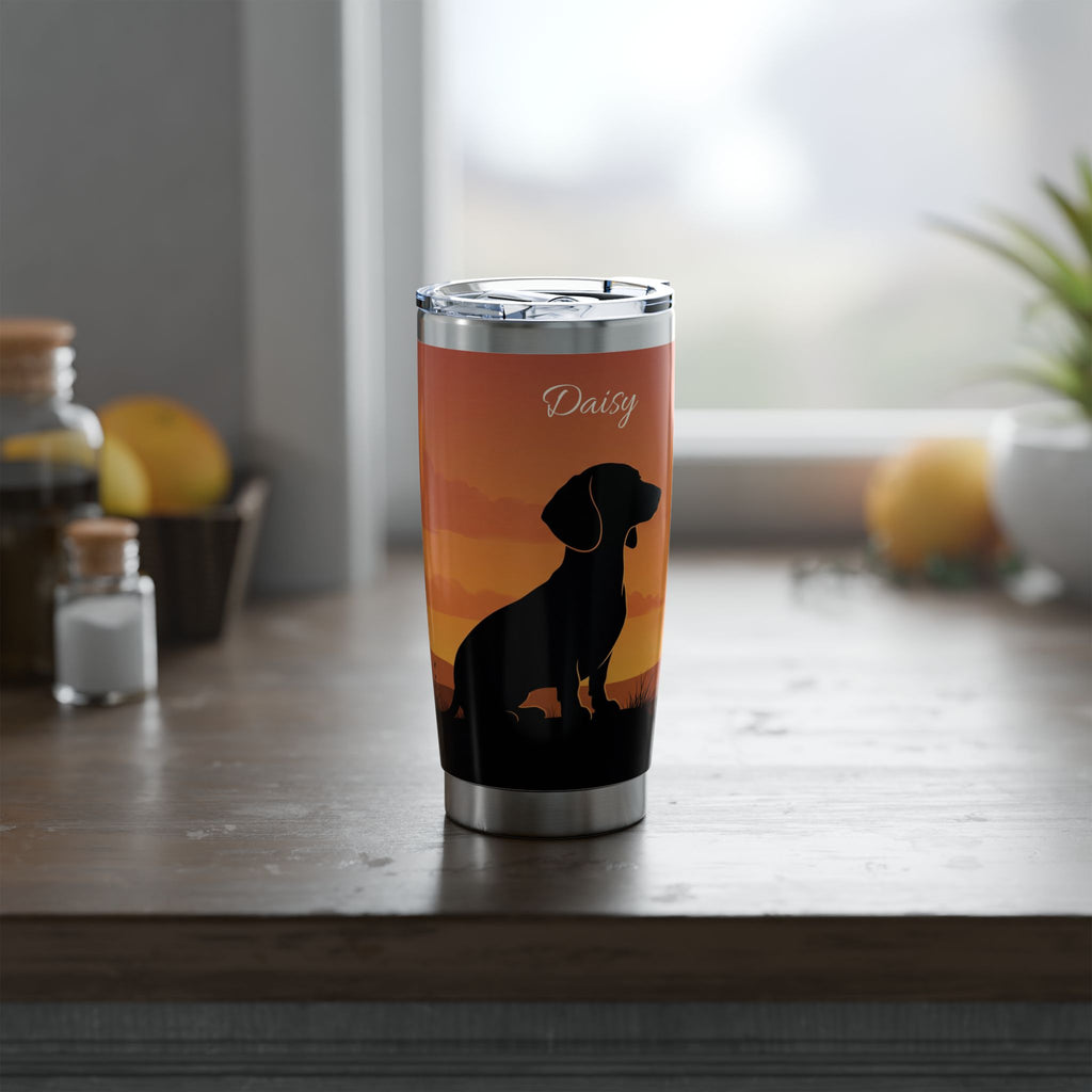 Dachshund Dad Stainless Tumbler — 20 oz Personalized Travel Mug with Sunset Silhouette Design