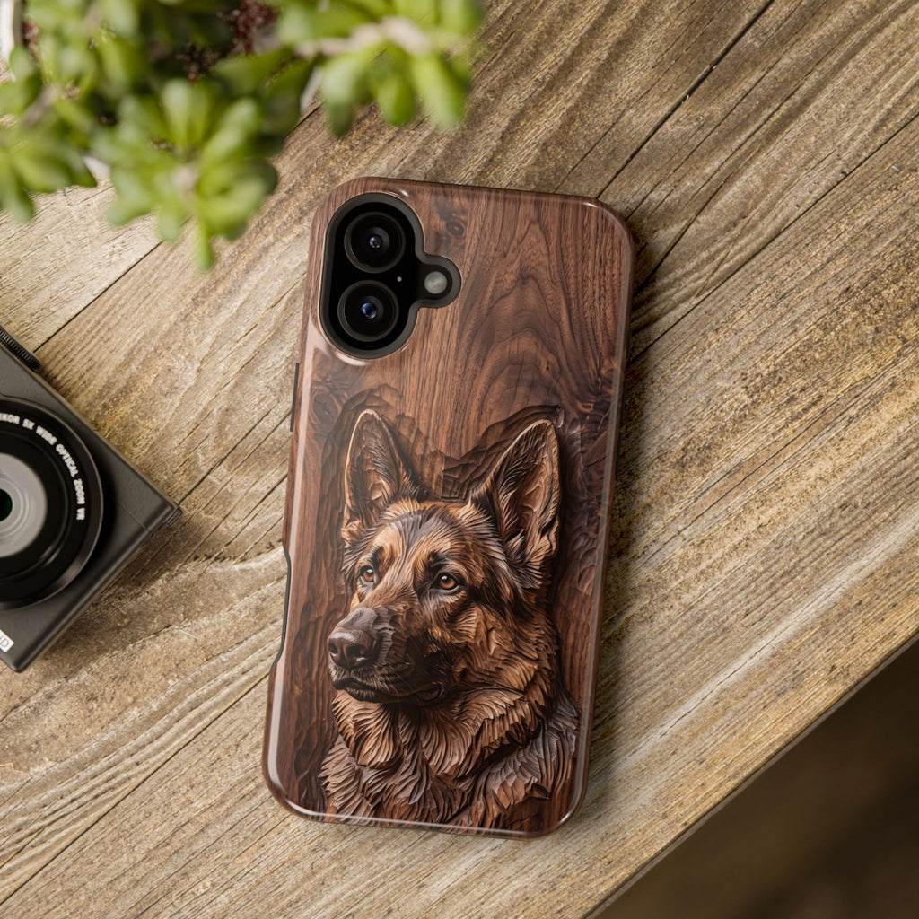 German Shepherd Phone Case | Carved Walnut Art — Tough Magnetic Case with Wireless Charging