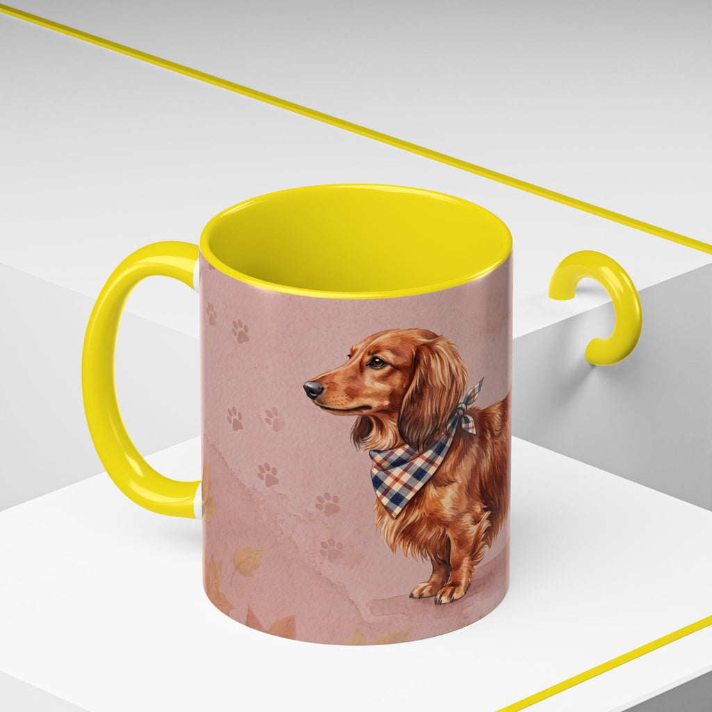 Dachshund Lover Mug | Long-Haired Wiener Dog with Plaid Bandana, Dusty Rose Watercolor Dog Gift
