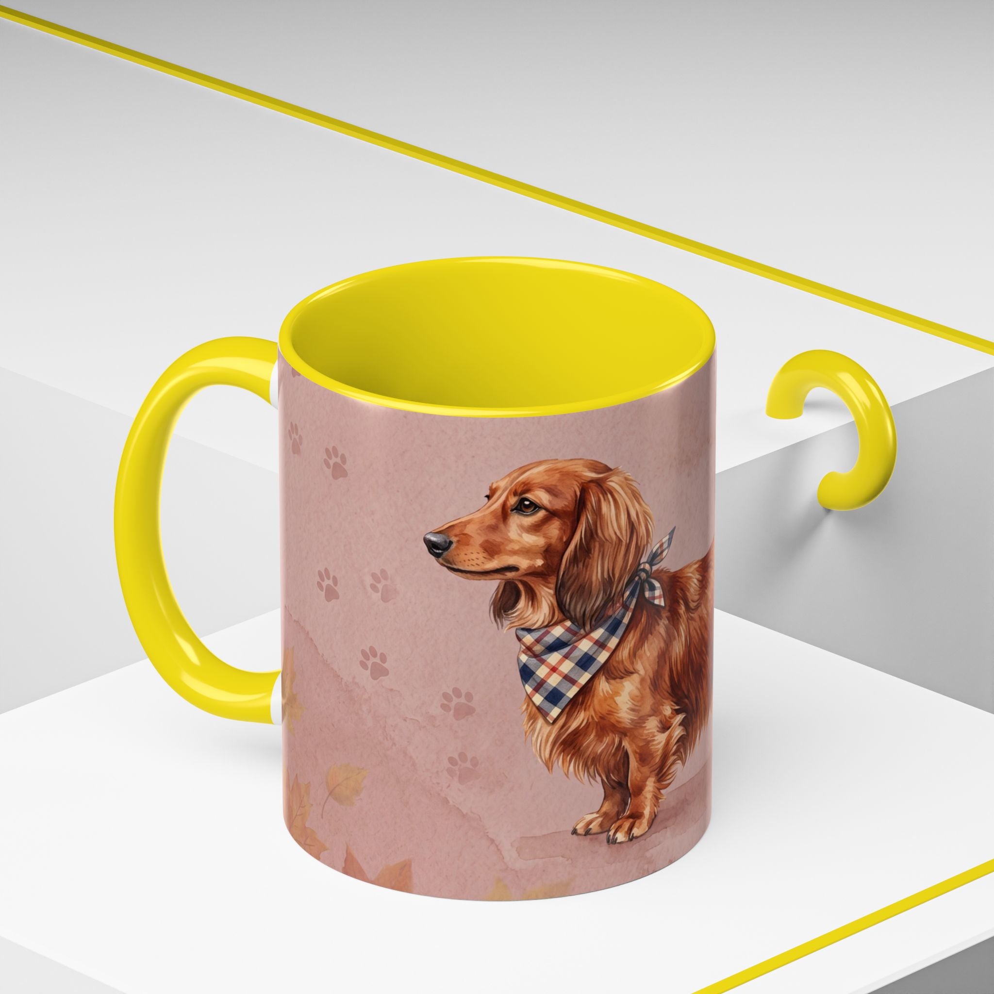 Dachshund Lover Mug | Long-Haired Wiener Dog with Plaid Bandana, Dusty Rose Watercolor Dog Gift