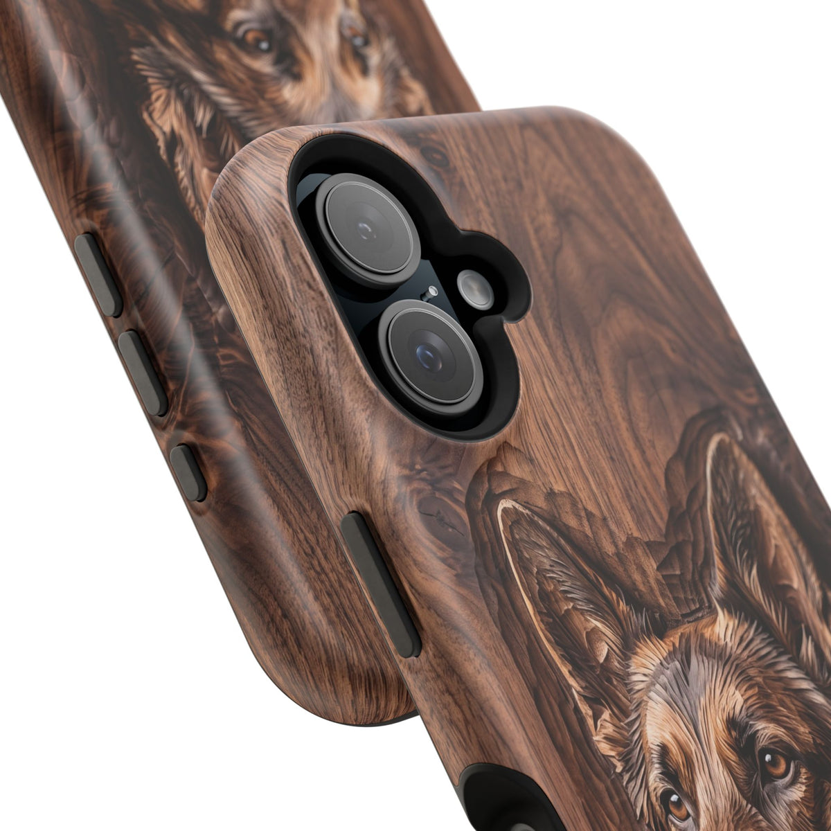German Shepherd Phone Case | Carved Walnut Art — Tough Magnetic Case with Wireless Charging